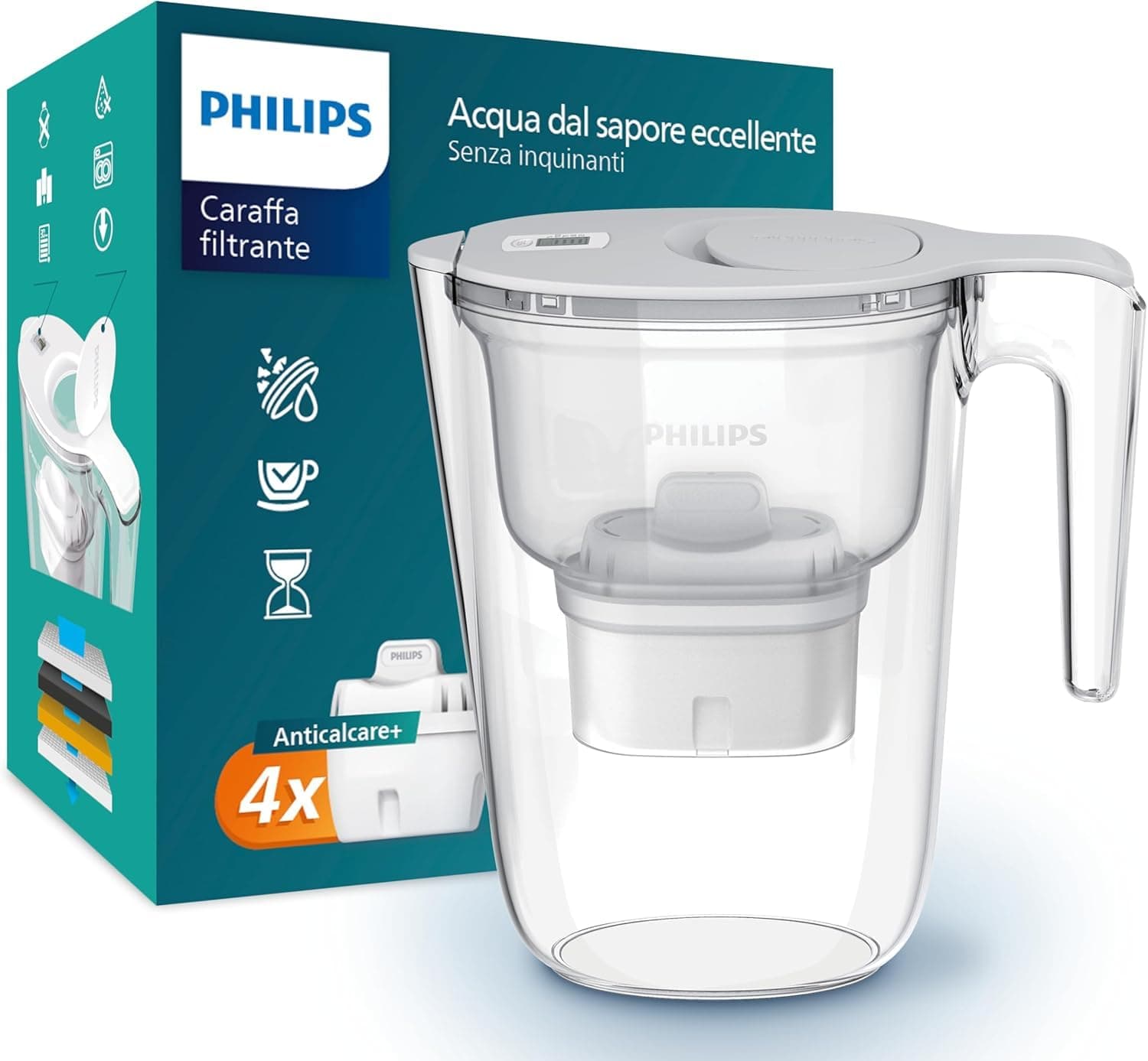Philips Water Filtro caraffa +4 cartucce filtranti di ricambio Anticalcare+, FINO AL 50% IN PIÙ DI RIDUZIONE DELLA DUREZZA, flusso rapido, bianco, 2,6 litri, timer elettronico