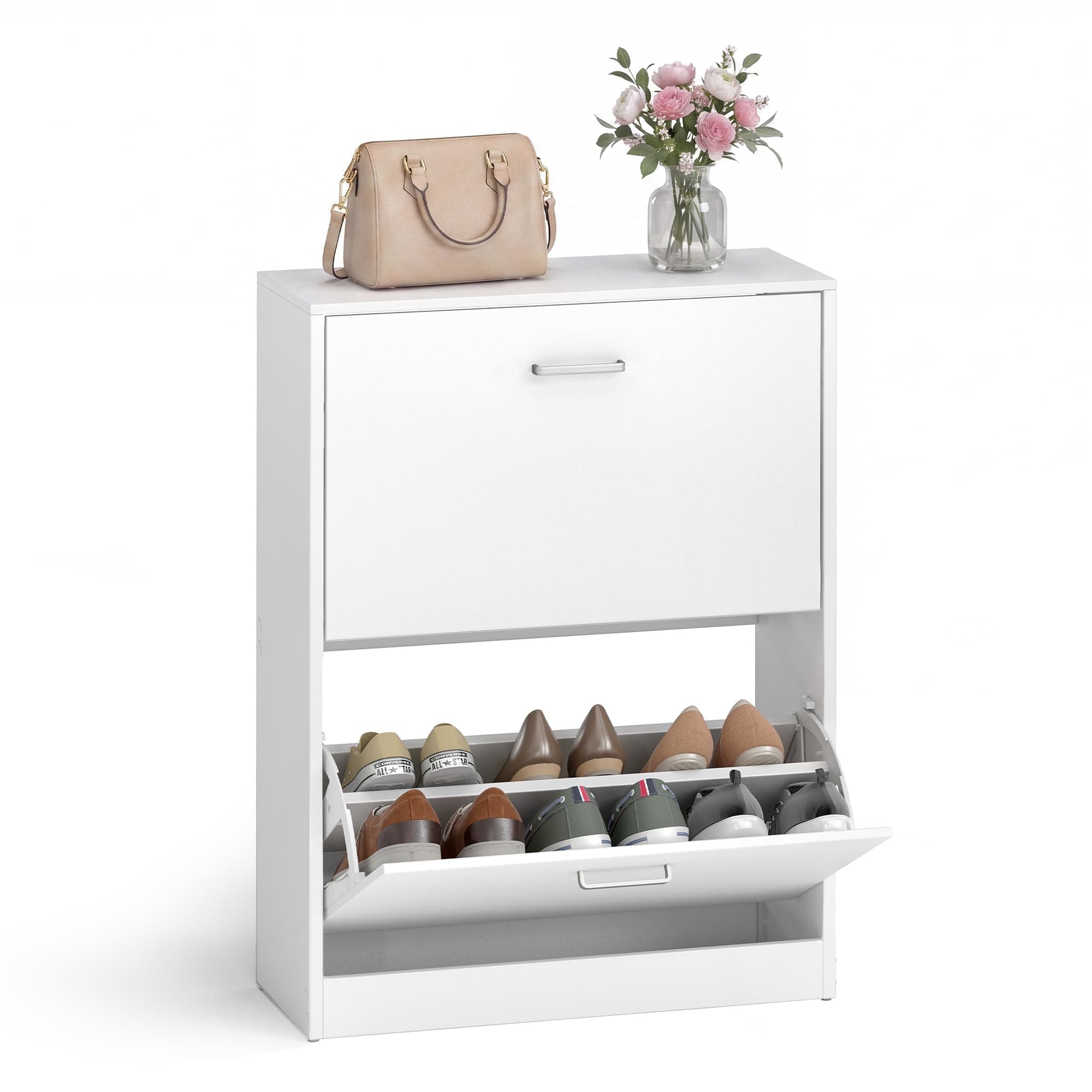 VASAGLE Gabinete de Zapatos con 2 Puertas Abatibles, Divisor Ajustable y Desmontable, para 12 Pares de Zapatos de Mujer y 8 de Hombre, 60 x 24 x 83,5 cm (Largo x Ancho x Alto), Blanco LBC02WT