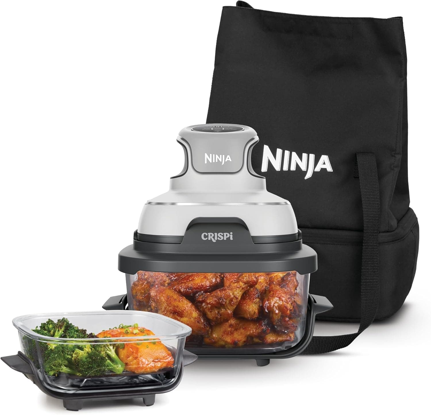 Ninja CRISPi Friggitrice ad aria portatile, 3,8 L e 1,4 L, 4 in 1: frigge, arrostisce, mantiene caldo, dora, design compatto, 2 contenitori in vetro con coperchi, 1700 W, color bianco, FN102EU