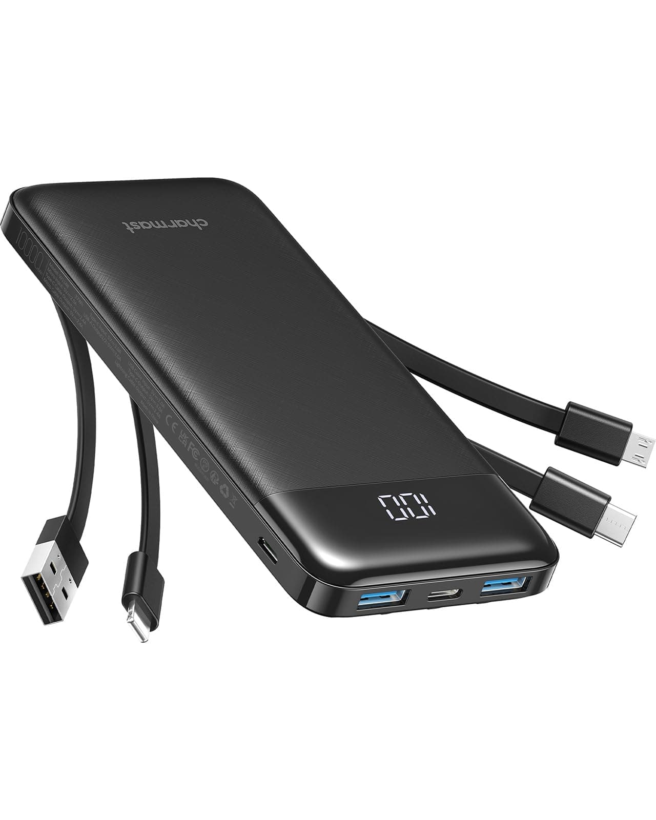 Charmast Batterie Externe, 10000mAh Power Bank avec 4 Câbles Intégrés, USB C Mince Batterie Portable Compatible avec iPhone 17/16/15, AirPods, iPad, Samsung etc