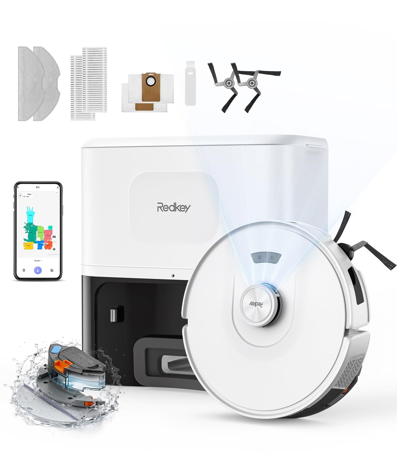 Redkey D8 Aspirateur Robot Laveur avec Station, 25000Pa Ultra Puissante Aspiration, Robot Aspirateur avec 4L Vidage Automatique, Anti-Enchevêtrement, LiDAR, Cartographie, Évitement d'obstacles