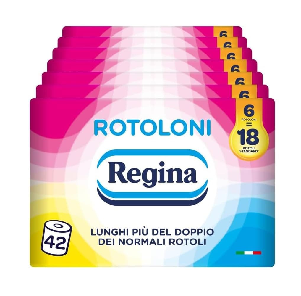 Rotoloni Regina - 42 Maxi Rotoli di Carta Igienica, 500 Fogli a 2 Veli, Lunghi Più del Doppio dei Normali Rotoli, Confezione 50% in Plastica Riciclata, Carta 100% Certificata FSC