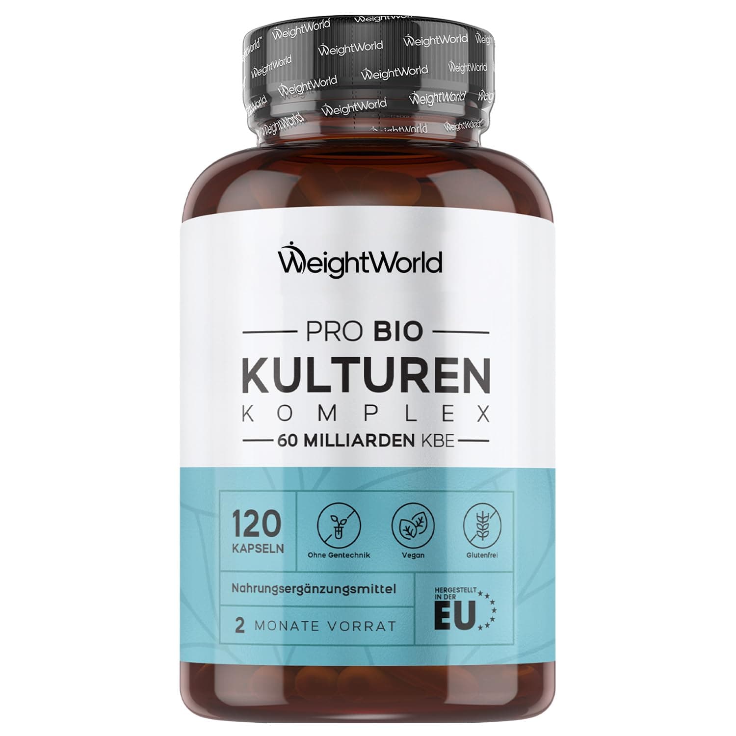 Pro Bio Kulturen Komplex - 60 Milliarden KBE pro Portion - Mit 20 Bakterienstämmen, Bio Inulin, FOS - 120 Kapseln - 2 Monate Vorrat - Mit Lactobacillus Reuteri & Bifidobacterium Infantis - WeightWorld