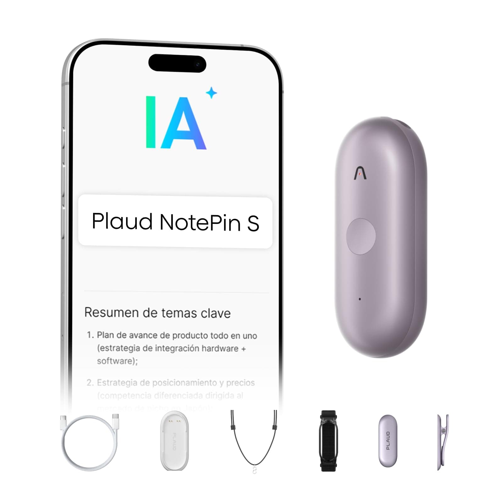 Plaud NotePin S Grabadora de Voz IA con botón de grabación táctil Transcripción IA Resúmenes Tomar Notas Transcripción Resumen IA para Reuniones Llamadas Entrevistas Charlas Clases con 4 Accesorios