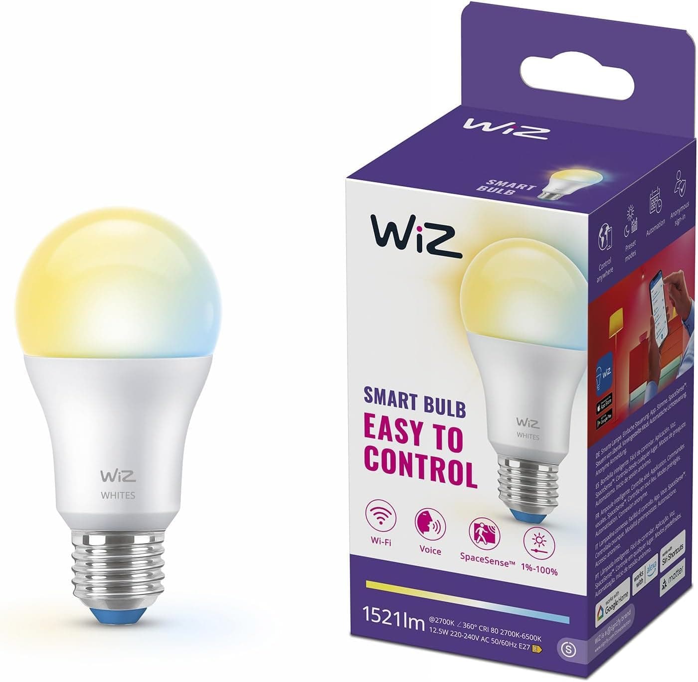 WiZ Ampoule LED connectée A60, Blanc ajustable, Culot E27, 100 W, 2200-6500 K, 1521 lumens, Intensité réglable, Compatible Alexa, Google Assistant et Apple Home, pack de 1