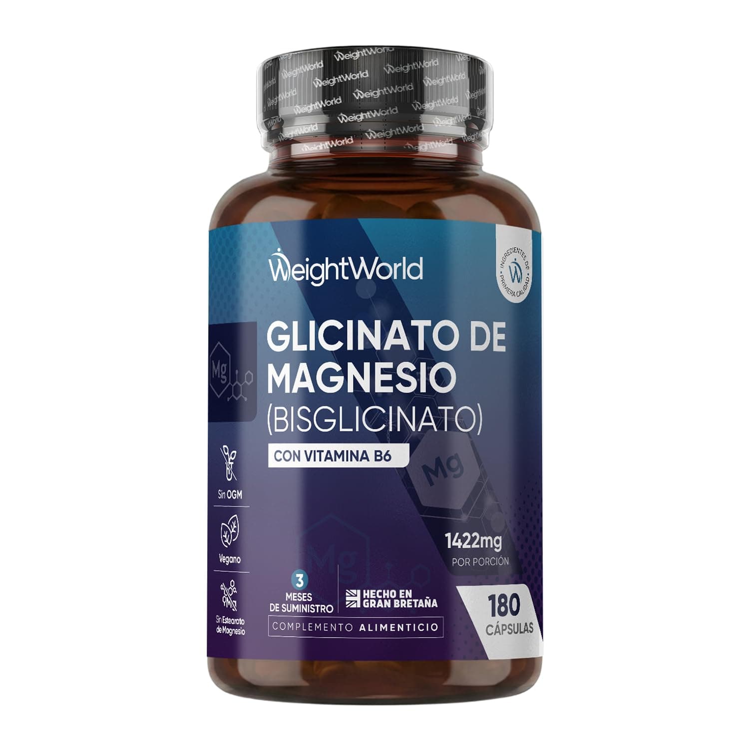 Glicinato de Magnesio 1422mg con Vitamina B6-180 Cápsulas Veganas | 3 Meses de Suministro - Aporta 200mg de Magnesio Puro, Sin OGM ni Estearato de Magnesio