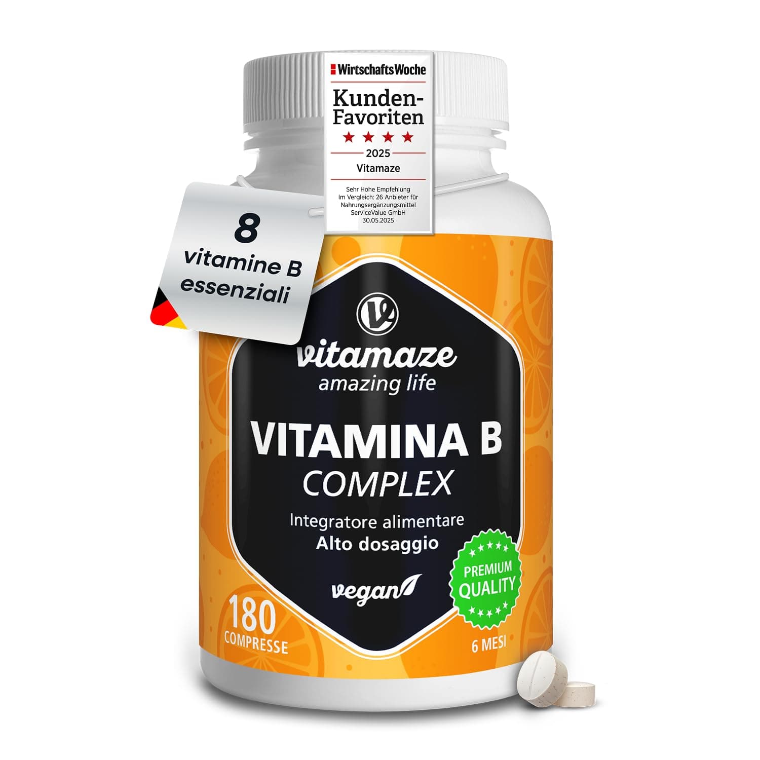 Vitamaze® Vitamina B Complex Alto Dosaggio, 180 Compresse Vegan de Vitamine B con Biotina, Acido Folico, Vitamina B12, Vitamina B3, B5, Vitamina B6, Vitamina B1, Integratore Vitamina B