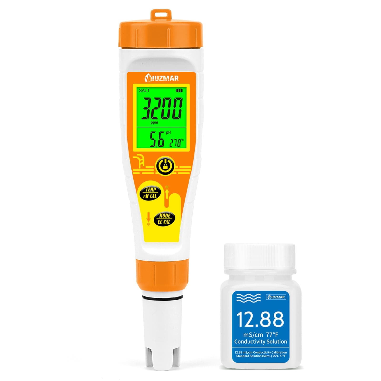 UIUZMR Medidor de Sal y pH Piscinas, Medidor Digital de Salinidad Piscina Agua, 5 en 1 Medidor de pH/Sal/TDS/EC/Temp con 12.88mS/cm Solución de Calibración para Piscina Salina, Acuario, Spa, Agua