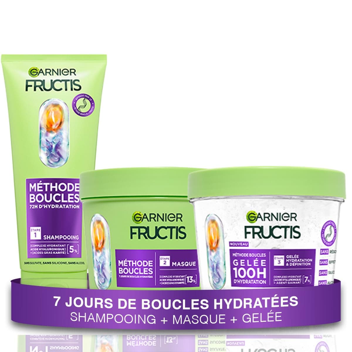 Garnier Fructis Méthode Boucles - Routine 3 Produits pour Cheveux Bouclés : Shampooing, Masque & Gelée Capillaire Hydratante - Acide Hyaluronique - Hydratation & Définition - Tous Types de Boucles