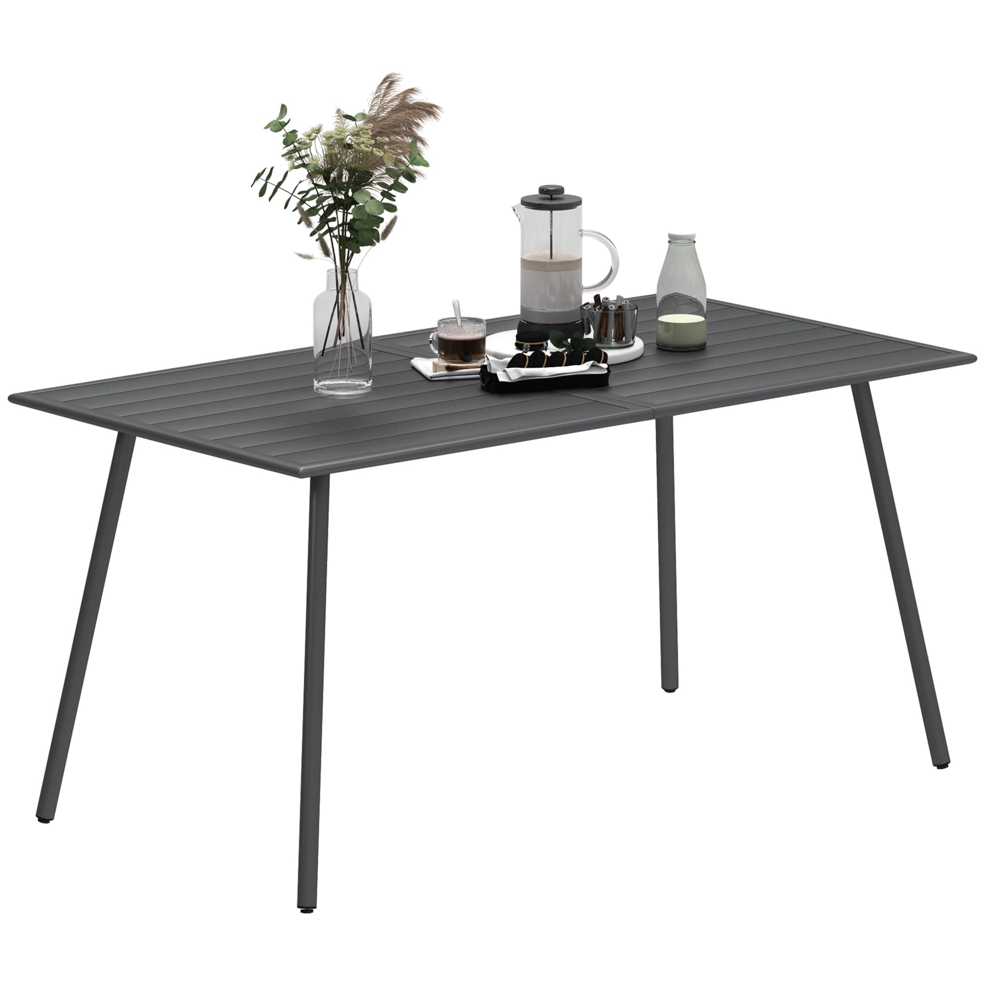 Outsunny Table à Manger de Jardin pour 6 Personnes, Table de Jardin avec Plateau à Lattes rectangulaire en Acier Anti-Rouille, pour Patio, terrasse, Balcon, 150 x 80 x 74 cm, Gris
