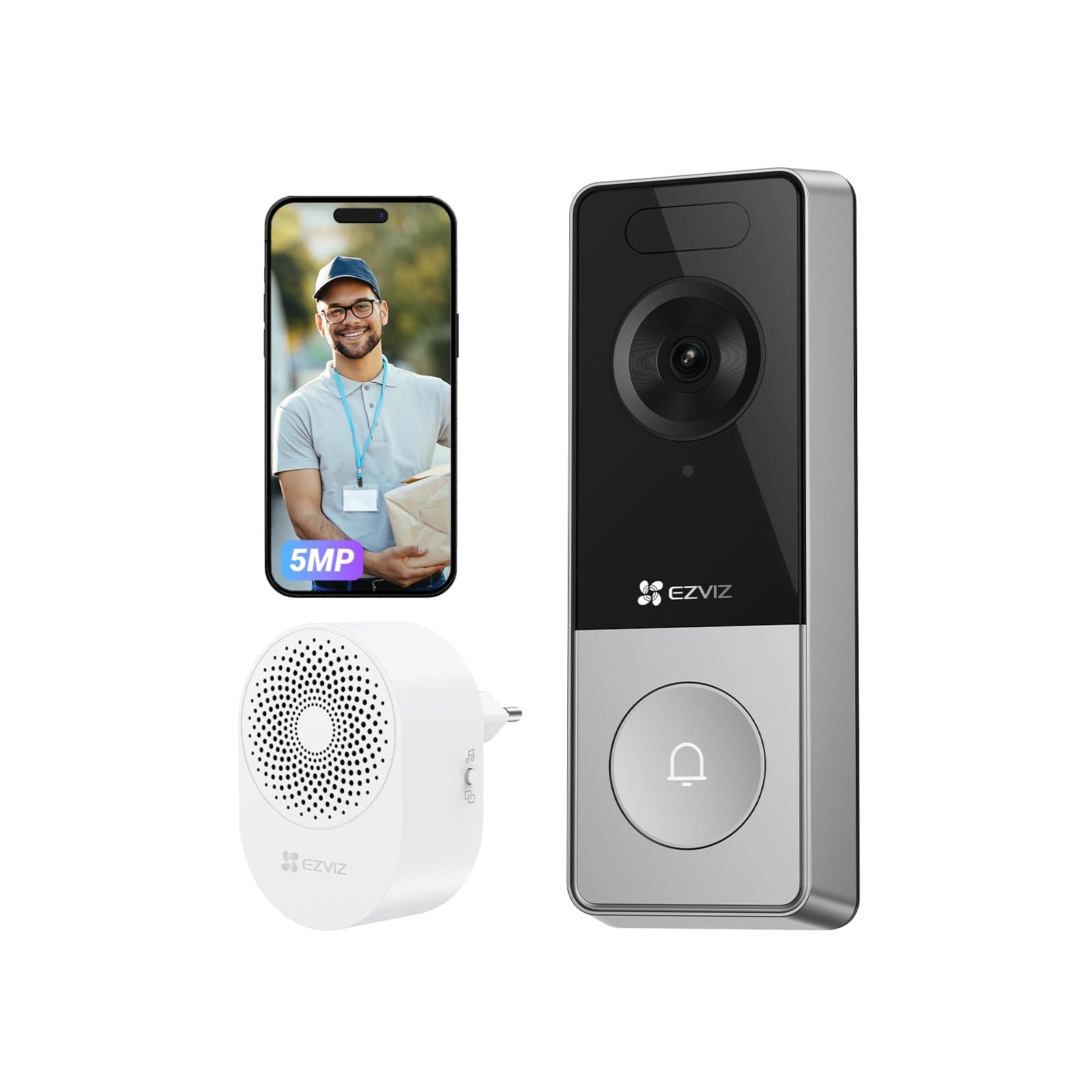 EZVIZ 5MP Sonnette sans Fil Exterieur Etanche avec Caméra et Carillon CP8 | Batterie Détachable de 9,600 mAh, IP65,Vision Nocturne Couleur,Détection Humaine, Audio Bidirectionnel, Installation Facile
