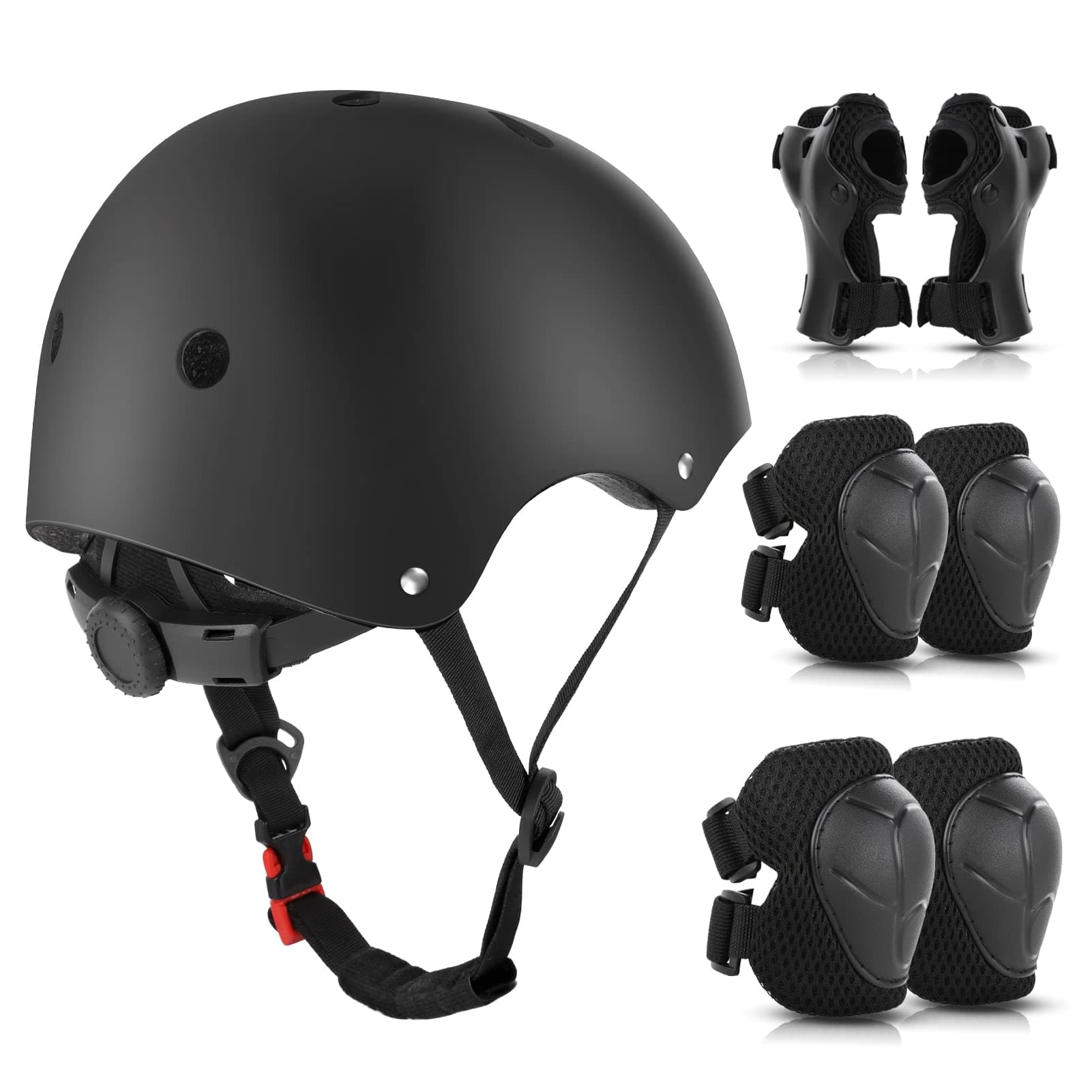 WayEee Equipo de Protección Infantil 7PCS, Protecciones Patines incluye Casco Rodilleras Coderas y Muñequeras para Ciclismo Monopatín Patinaje y otros Deportes(Negro)
