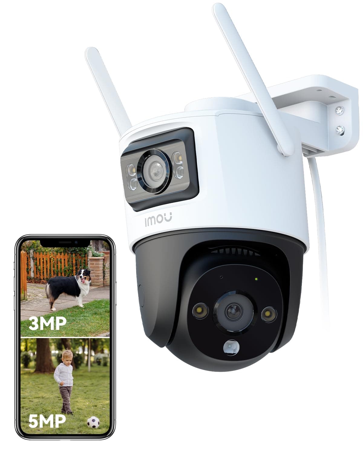 Imou 4K(3MP+5MP)Telecamera WiFi Esterno Doppio Obbiettivo, 360° Videocamera | 2,4g, Visione Notturna a Colori, Rilevamento Umano/Veicoli, IP66, Tracciamento Smart, Notifiche Real-Time, Modalità Privata
