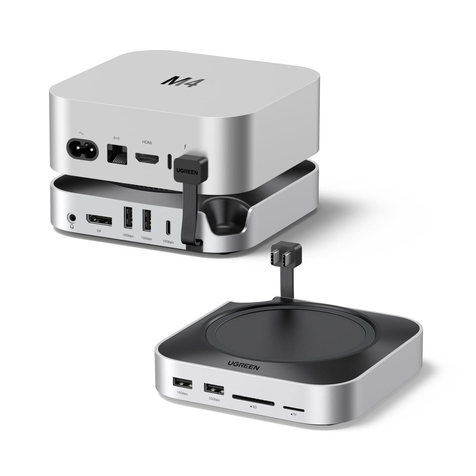 UGREEN Station d'accueil et Support pour Mac Mini M4 et M4 Pro Docking Station Hub USB C avec Boîtier M.2 NVME SSD DisplayPort 4K 240Hz 144Hz 5 USB 3.2 4A1C 10Gbps Fente SD TF 3.5mm Aux