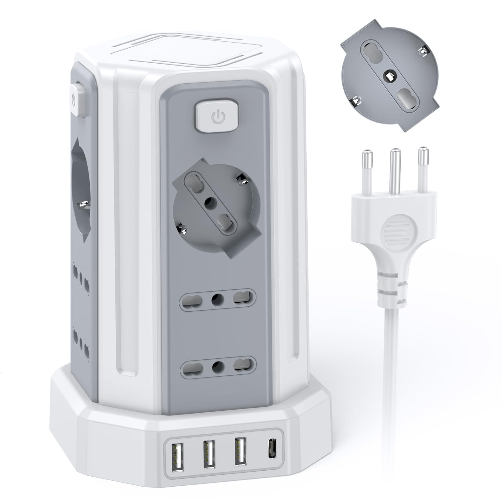 Ciabatta Elettrica Multipresa 3 metro con 12 Prese Universali 10/16A ITA e Schuko e 3 USB A+1 USB C protezione Sovratensione con 4 interruttori indipendenti, Bianco