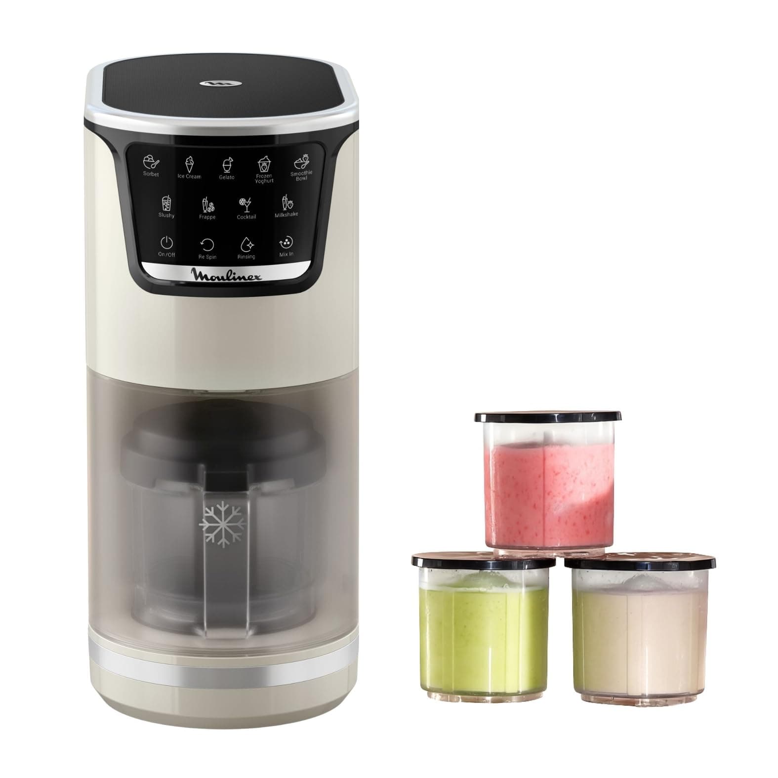 Moulinex Dolci, Heladera, 10 programas en 1, Limpieza con aclarado automático, Tecnología 1 Step Perfector, Hasta 1,4L de helado utilizando los 3 boles de Tritan, Blanca, MJ602AF0