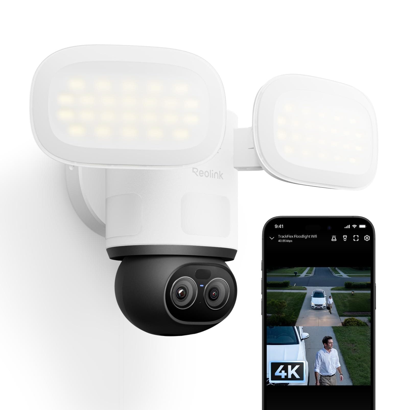 Reolink TrackFlex Floodlight WiFi, 4K Wi-Fi 6 PTZ Überwachungskamera Aussen mit 3000 Lumen Flutlicht(3000K~6500K), Auto-Tracking-Zoom, WLAN Kamera Outdoor mit Lokaler KI-Videosuche, 270° PIR-Erkennung