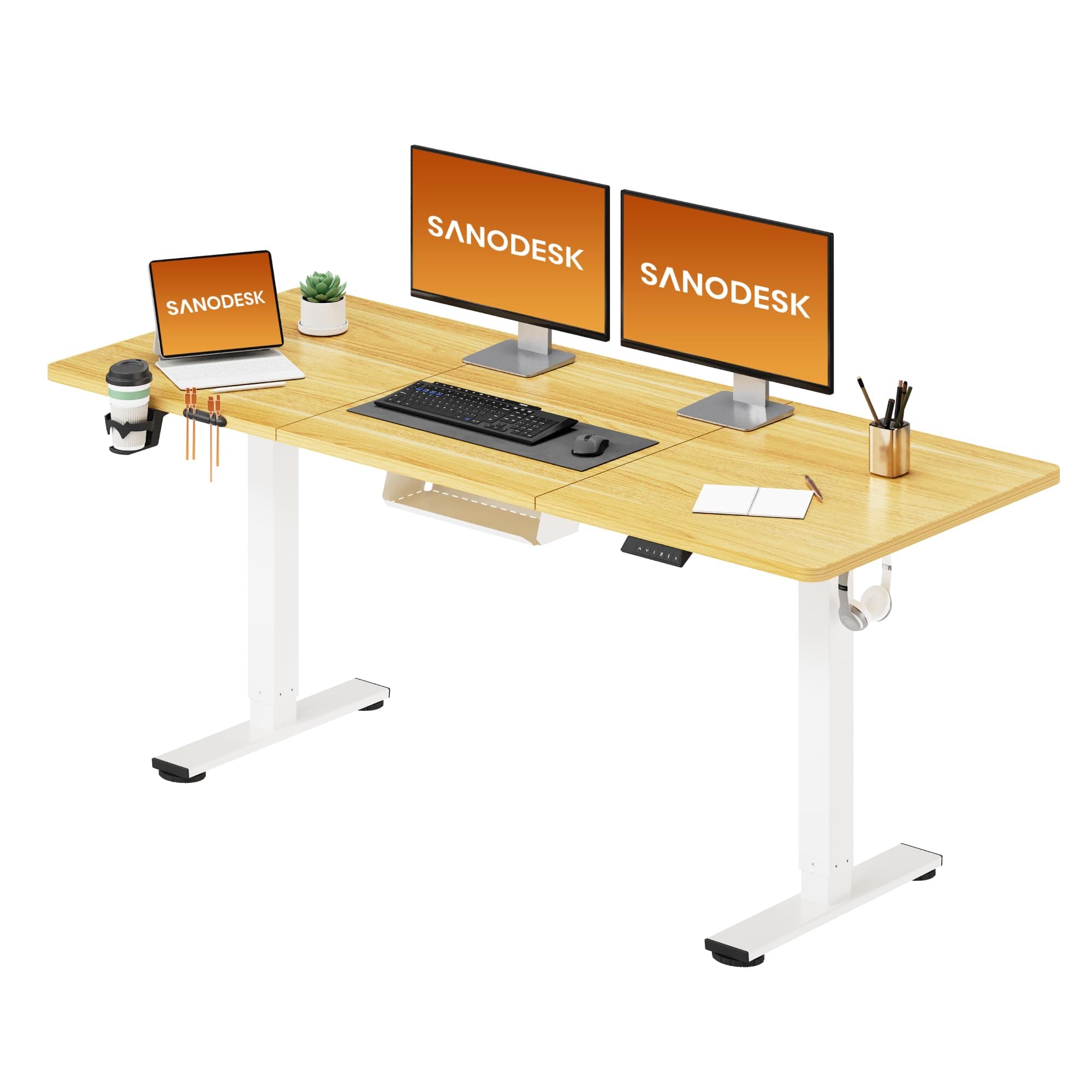 SANODESK 160 x 60 cm Escritorio Elevable Eléctrico con Tablero Escritorio Regulable en Altura Eléctrico Telescópico Bidireccional con Control de Memoria y Tecnología Anticolisión(Arce Blanco)