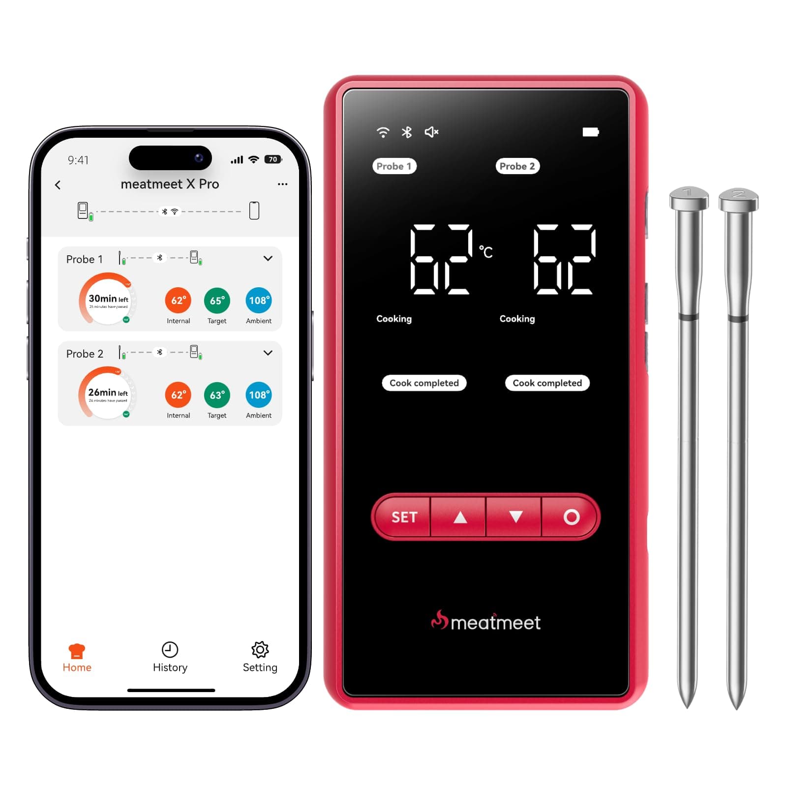 Meatmeet X Pro Termometro per Carne con Wi-Fi e Bluetooth, 2 Sonde 6 Sensori, Impermeabile IP69​, resistenza a 582 °C, Ideale per BBQ, Grigliate, Affumicatori, Forni, Cucina