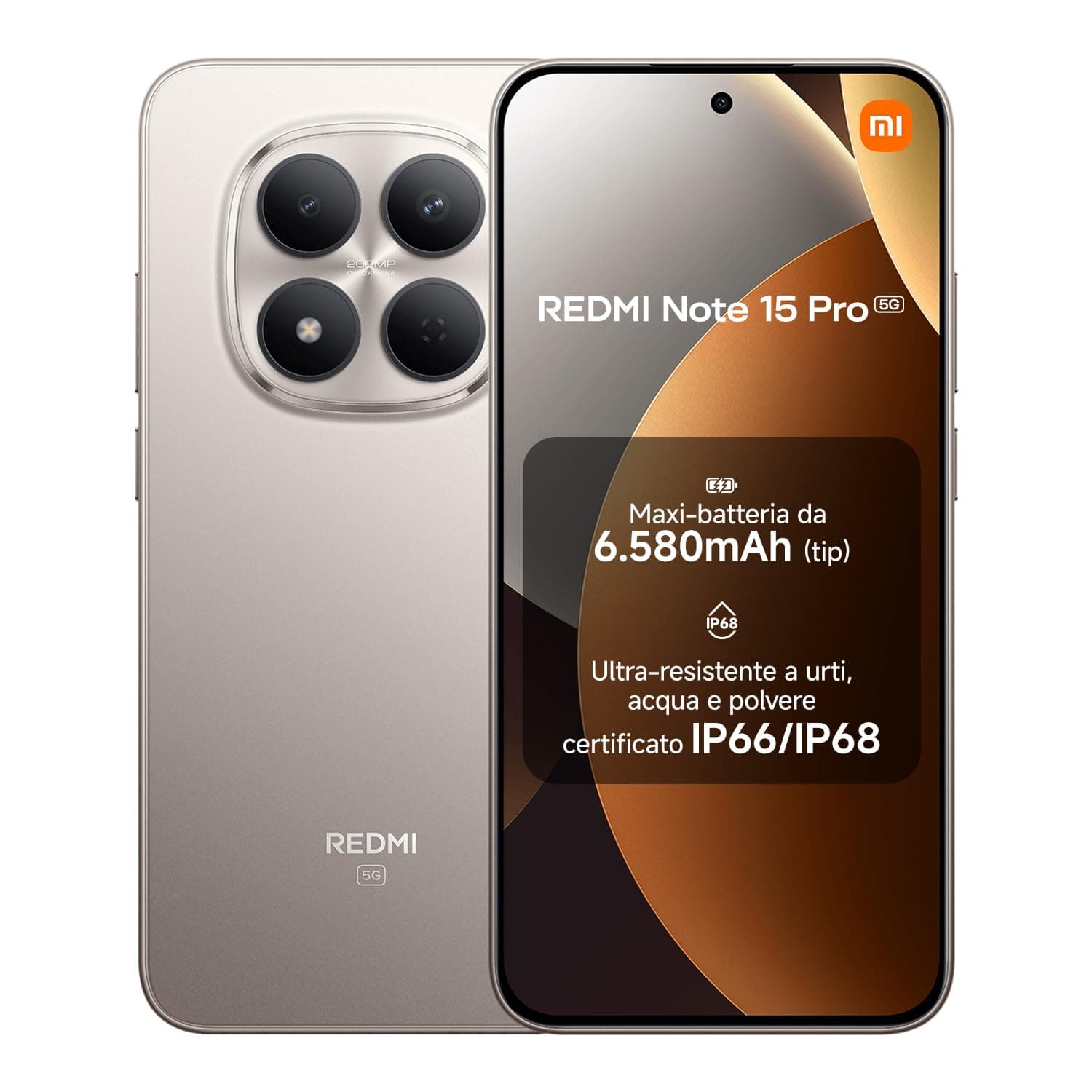 XIAOMI Redmi Note 15 Pro 5G, Smartphone 8+256GB, Batteria massiccia da 6580 mAh, IP66/IP68, Nuova fotocamera 200 MP, Display AMOLED da 6,83", Titanio, Garanzia 2 anni, Caricatore non incluso