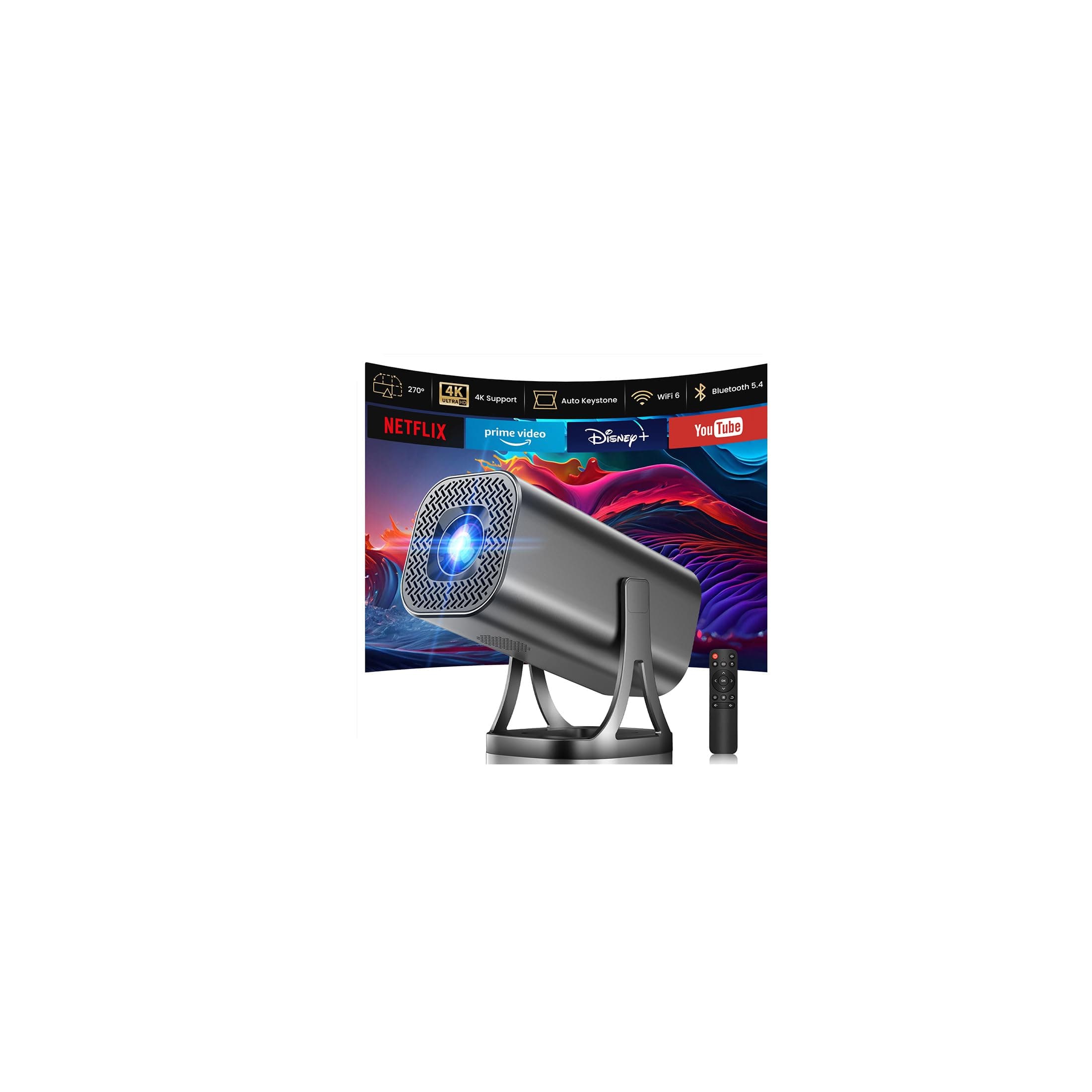 Proyector Portátil HD 1080p Compatible con 4K, Mini Proyector 22.000 Lúmenes 260 ANSI, WiFi 6 Bluetooth 5.4 Android 12.0, Auto Keystone 270°Rotation, Zoom Ajustable para Juegos, Dormitorio, Exterior