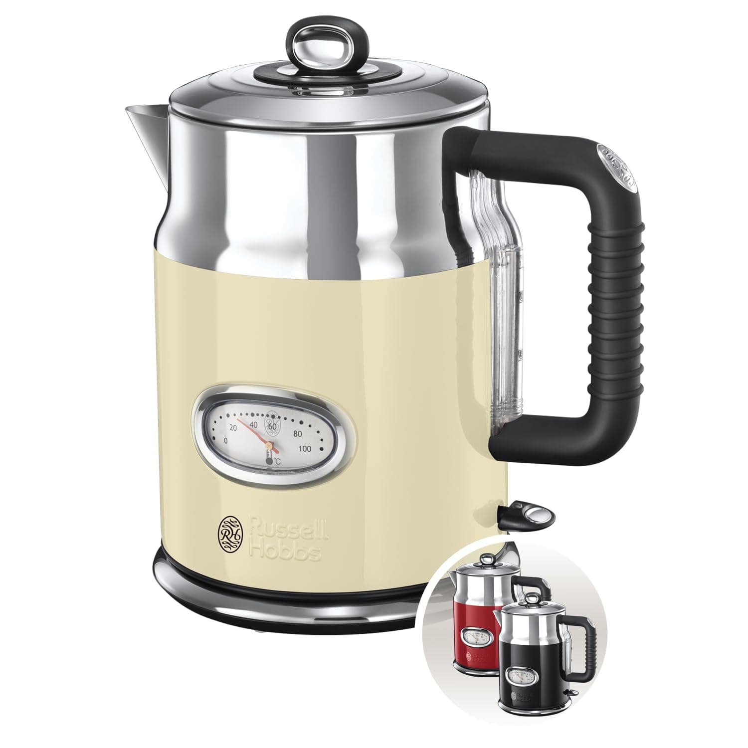 Russell Hobbs Bouilloire Electrique (Design Vintage Premium) Retro Crème (1,7L, 2400W, Ebullition Rapide, Jauge Température Rétro,Marqueurs 1-2-3 tasses,Ecoulement,Couvercle Amovible) 21672-70