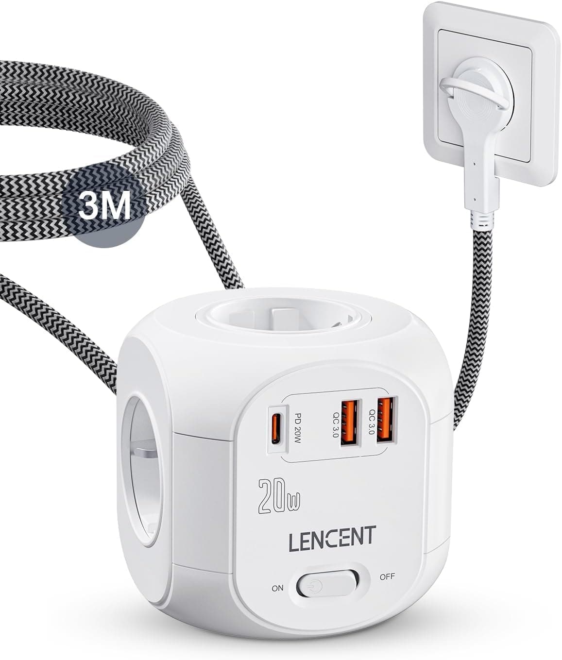 LENCENT Cubo Regleta Enchufe 3M con Carga Rápida PD20W, Regleta USB Enchufe Plano con 4 Tomas de CA, 2 USB y 1 Tipo C para Hogar, Cocina y Oficina