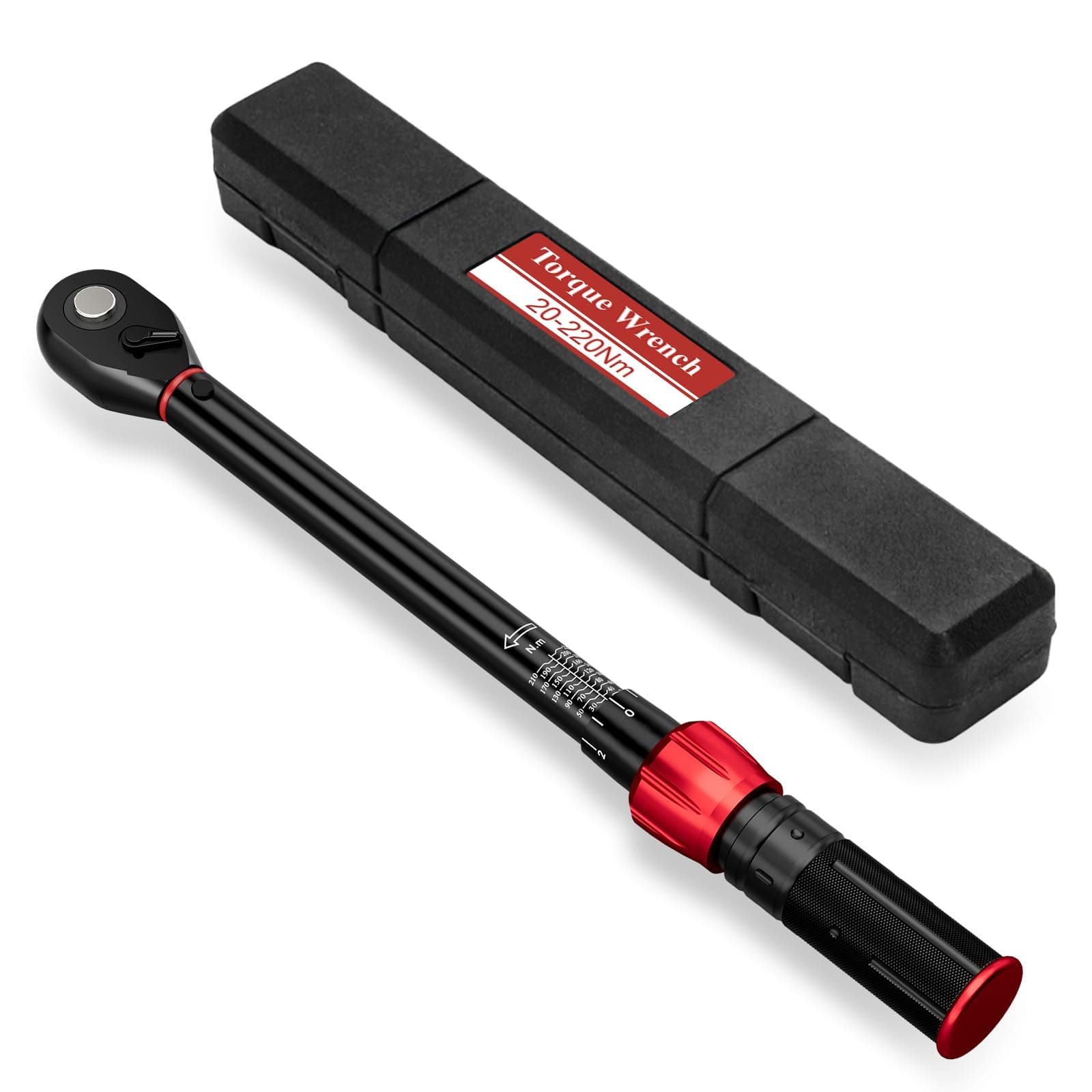 NADOKHI Llave Dinamométrica 1/2", 20-220 Nm Moto y Coche Llave Dinamométrica, Alta Precisión ±3%, 72 Dientes Doble Dirección Ajustable con Caja de Almacenamiento, para Coche Reemplazar Neumáticos