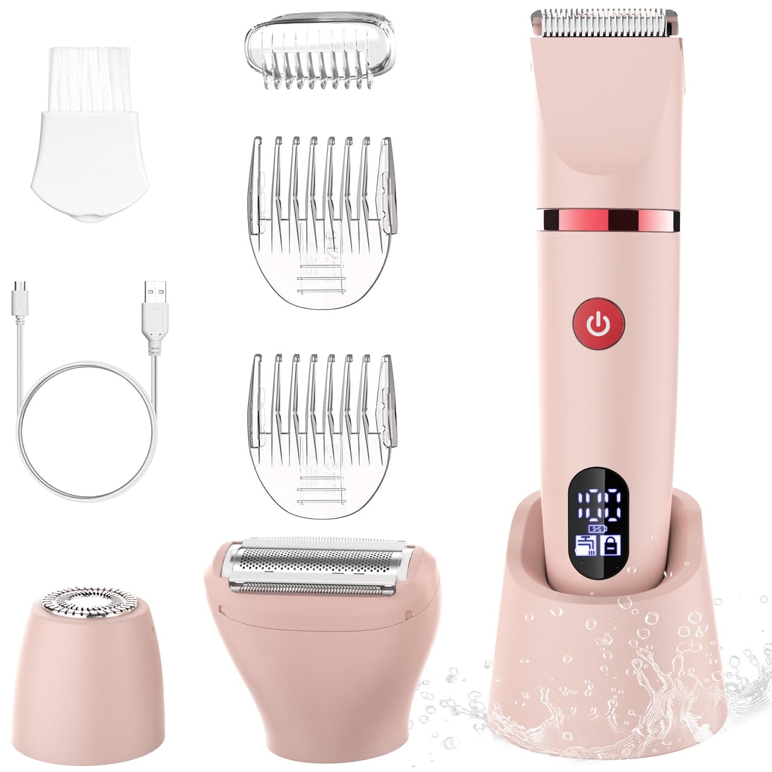 Scttomon afeitadora eléctrica para mujer cortapelos corporal para mujer recortadora para zona bikini Afeitado de piernas impermeable pantalla LCD seco/mojado 3 in 1 rosa