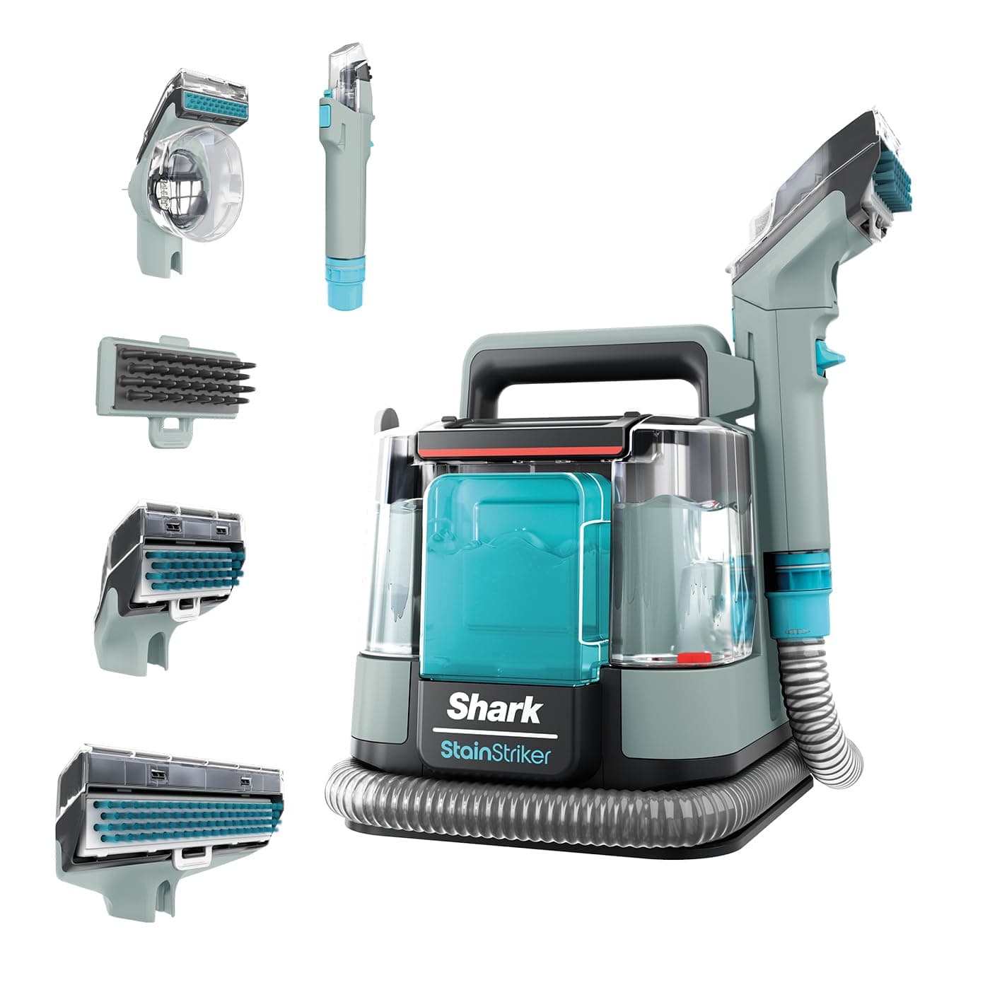 Shark StainStriker Limpiador de manchas con 5 accesorios, minicepillo para pelo de mascotas, boquilla estrecha, tubo de limpieza, 2 soluciones de limpieza incluidas, 450W, ligero, Gris, PX200EUCP