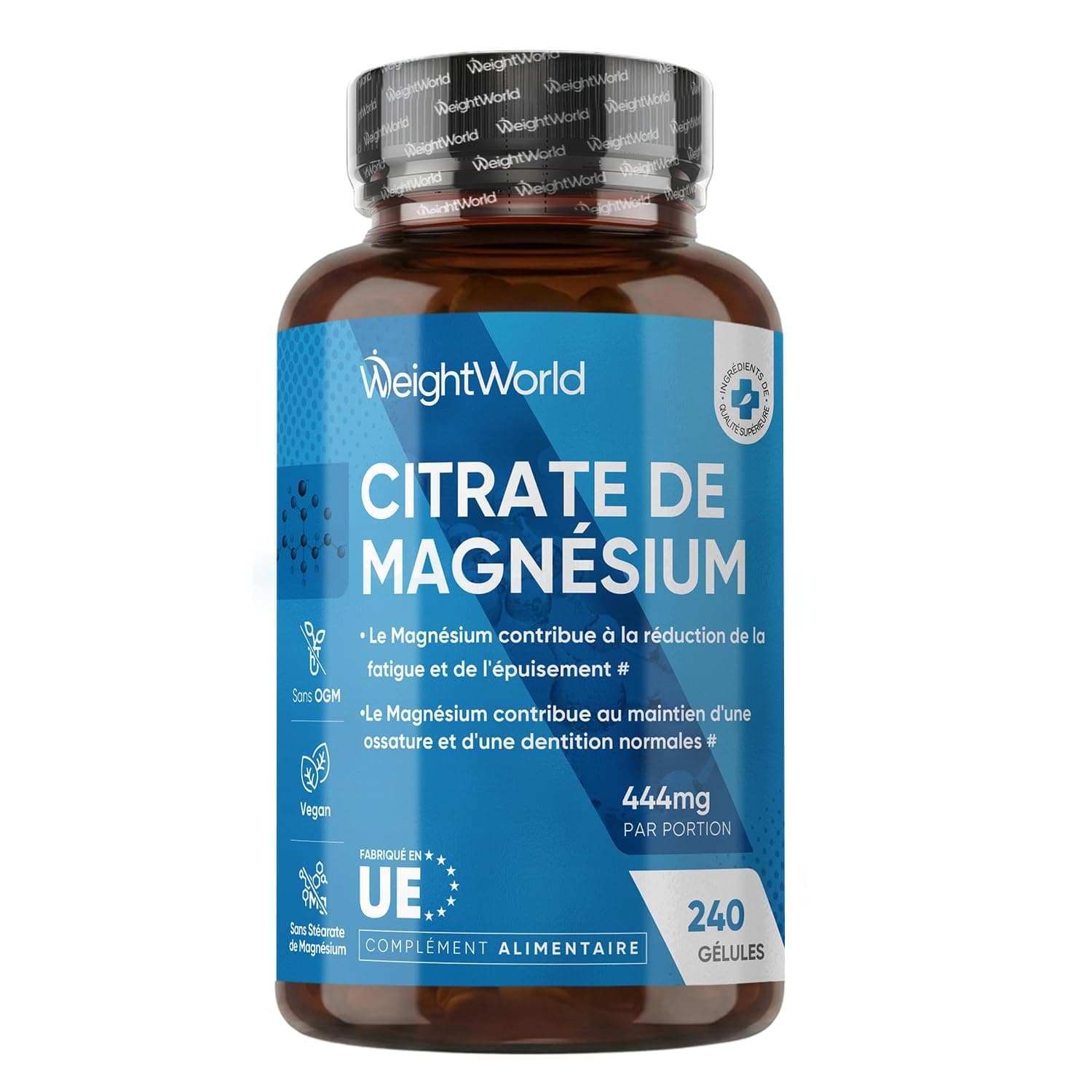 Magnesium Citrate 240 Gélules Vegan pour 8 Mois d'Approvisionnement - Citrate de Magnésium Tamponné (30%), sans Gluten, sans OGM ni stéarate - Fabriqué en Europe