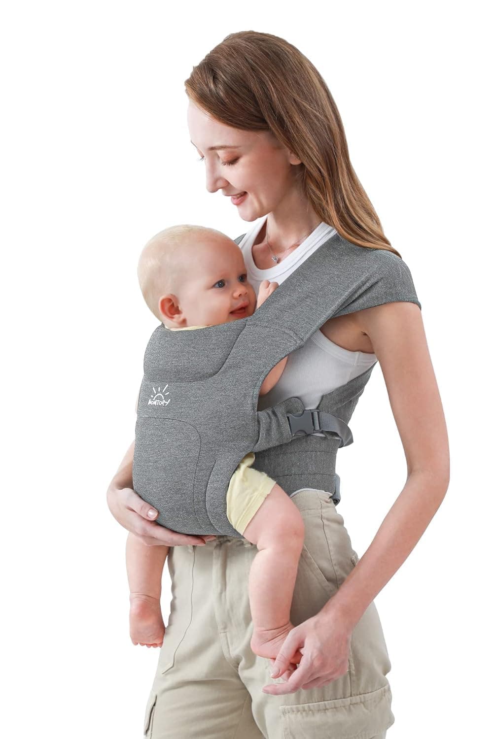 Marsupio Neonato Ergonomico, MOMTORY Marsupio Neonati, 3-12kg Portabebè per Neonati Extra Morbido, Neonati a Bambini con Chiusura Uncino & Asola per Una Facile Regolazione (Grigio Chiaro)
