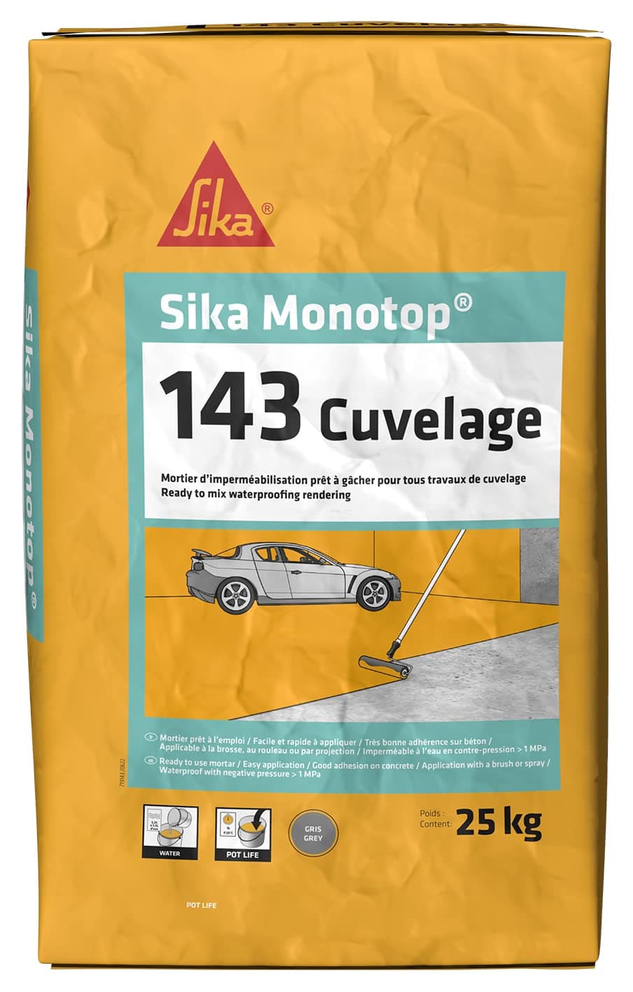 SIKA - Mortier d'imperméabilisation pour travaux de cuvelage - Sika Monotop 143 Cuvelage - Imperméable - Facile à appliquer - Protège les ouvrages contre la pression d'eau - Gris - 25kg