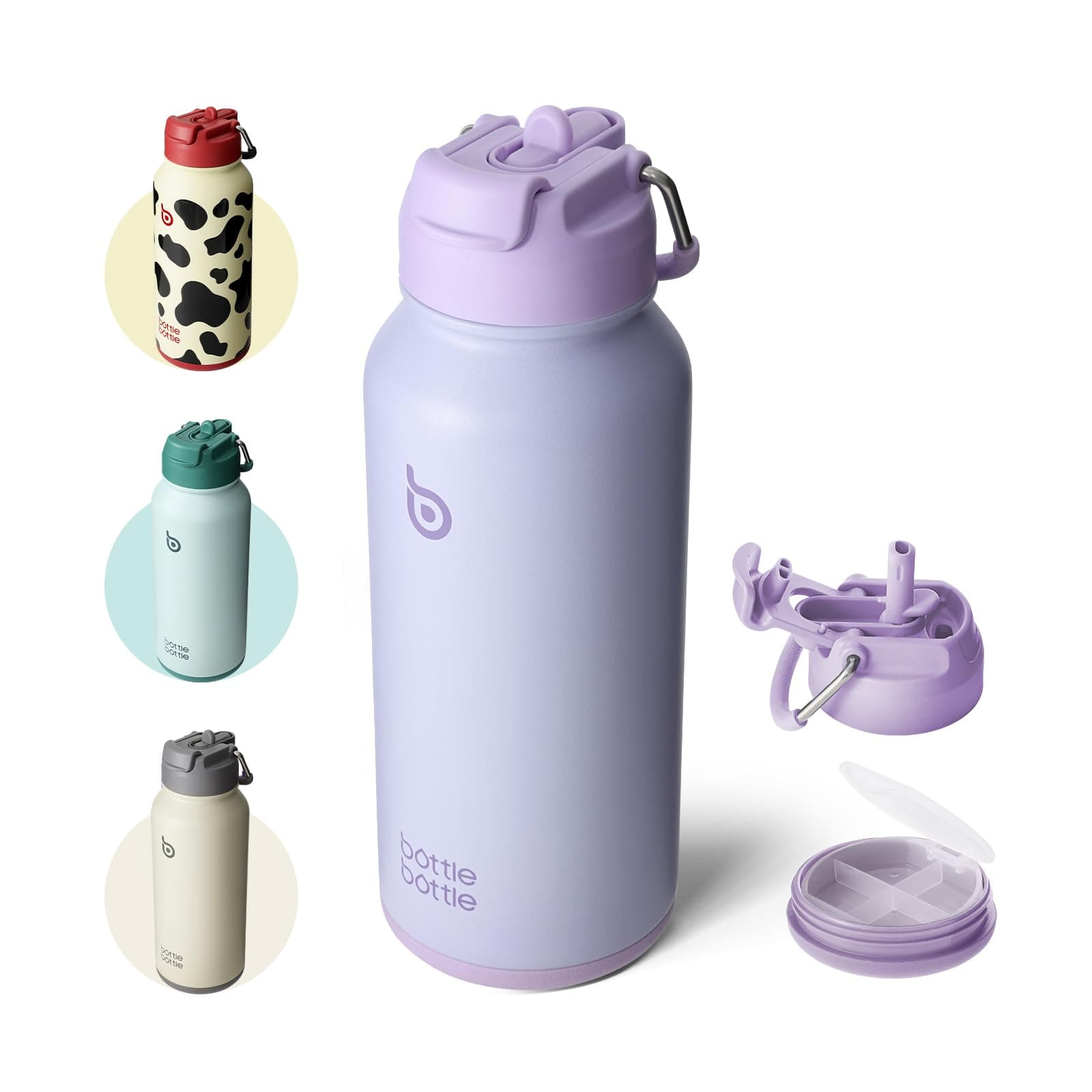 BOTTLE BOTTLE Gourde isotherme avec pilulier Bouteille isotherme de 900 ml Gourde sport en acier inoxydable pour l'extérieur, la randonnée (violet clair)