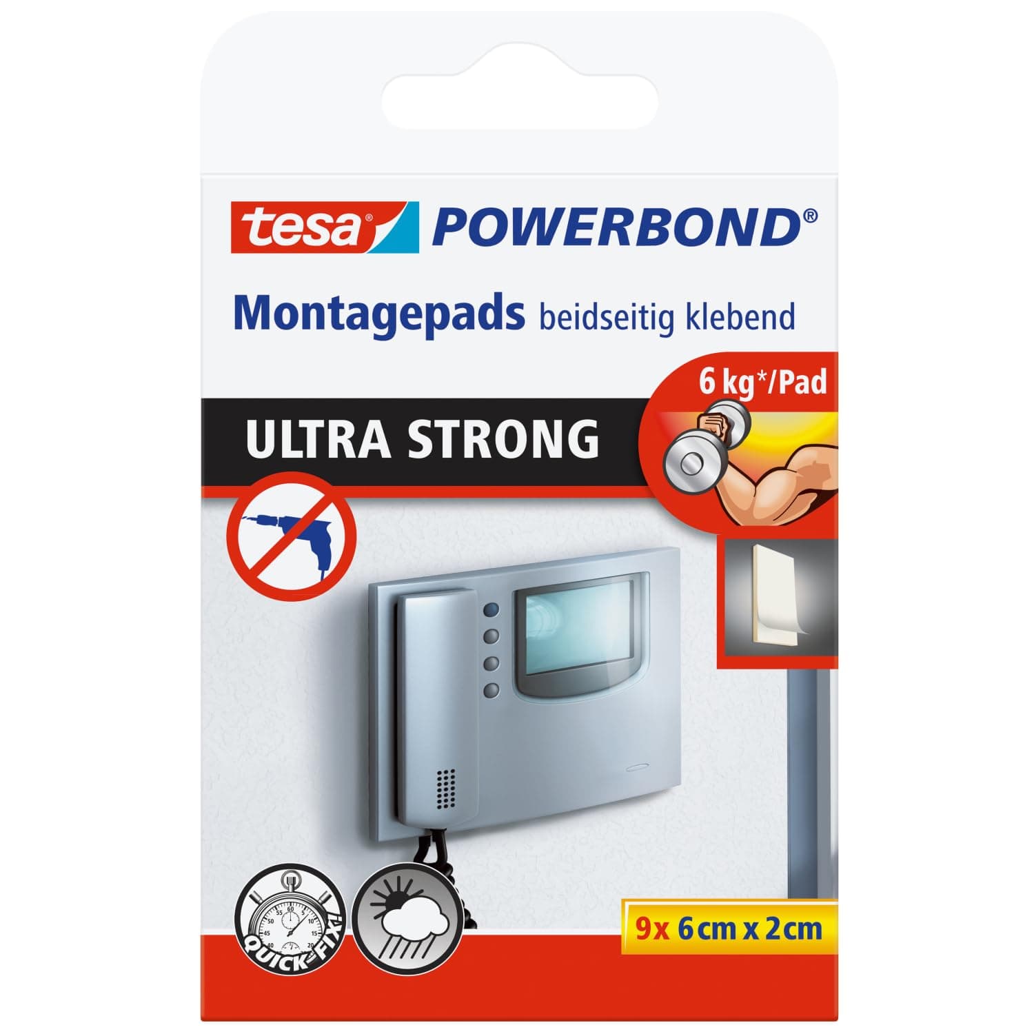 tesa Powerbond Ultra Strong Klebepads - Doppelseitige Pads für die Montage im Innen- sowie geschützten Außenbereich - beidseitig ultrastark klebend - Verpackung mit 9 Pads