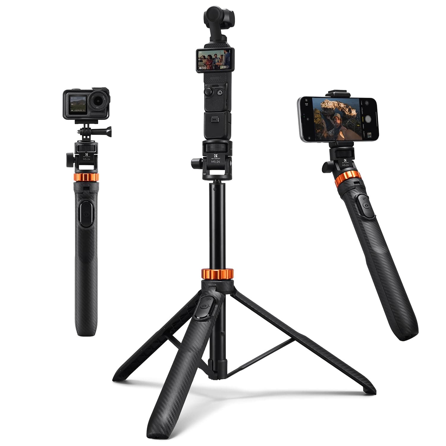 Trépied Smartphone MS27 175cm, Perche a Selfie avec Télécommande, 2 in 1 Trépied pour Appareil Photo et Caméras de Sport avec vis 1/4", pour DJI Osmo Pocket 3, Pocket 4, insta360 X5 X4, GoPro | Pour GoPro Insta360 X5X4 pour DJI OSMO Pokect 4/3, lumière, projecteurs, télécommande, vis 0,6 cm, support d'éclairage, MS24