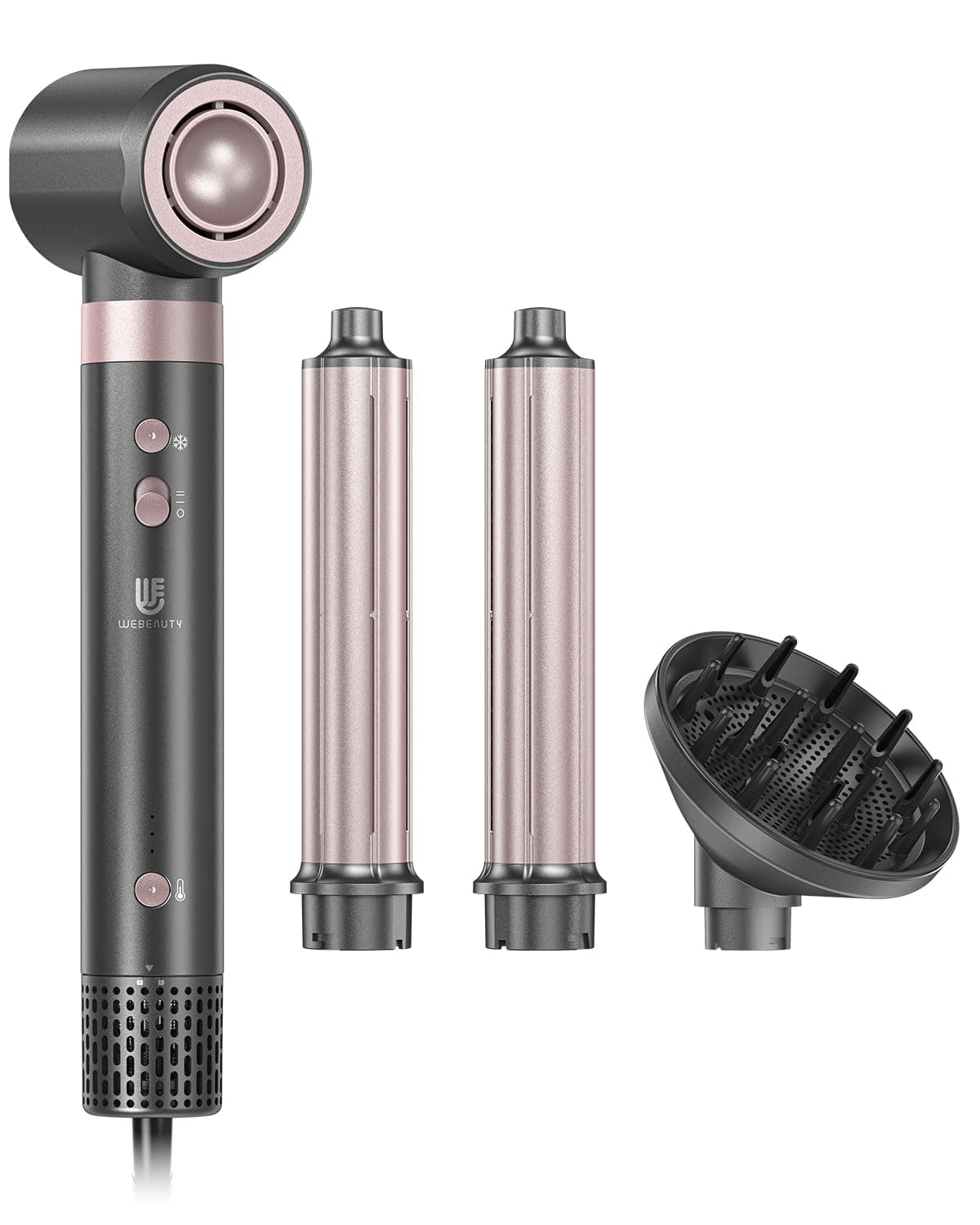 webeauty Doppia Tensione 4in1 Asciugacapelli Nuovo Aggiornamento, 110,000 GIRI/Min, 30M/S, Phon Capelli con Diffusore, Arricciacapelli Automatico, 500 Milioni di Ioni Negativi, Oro Rosa