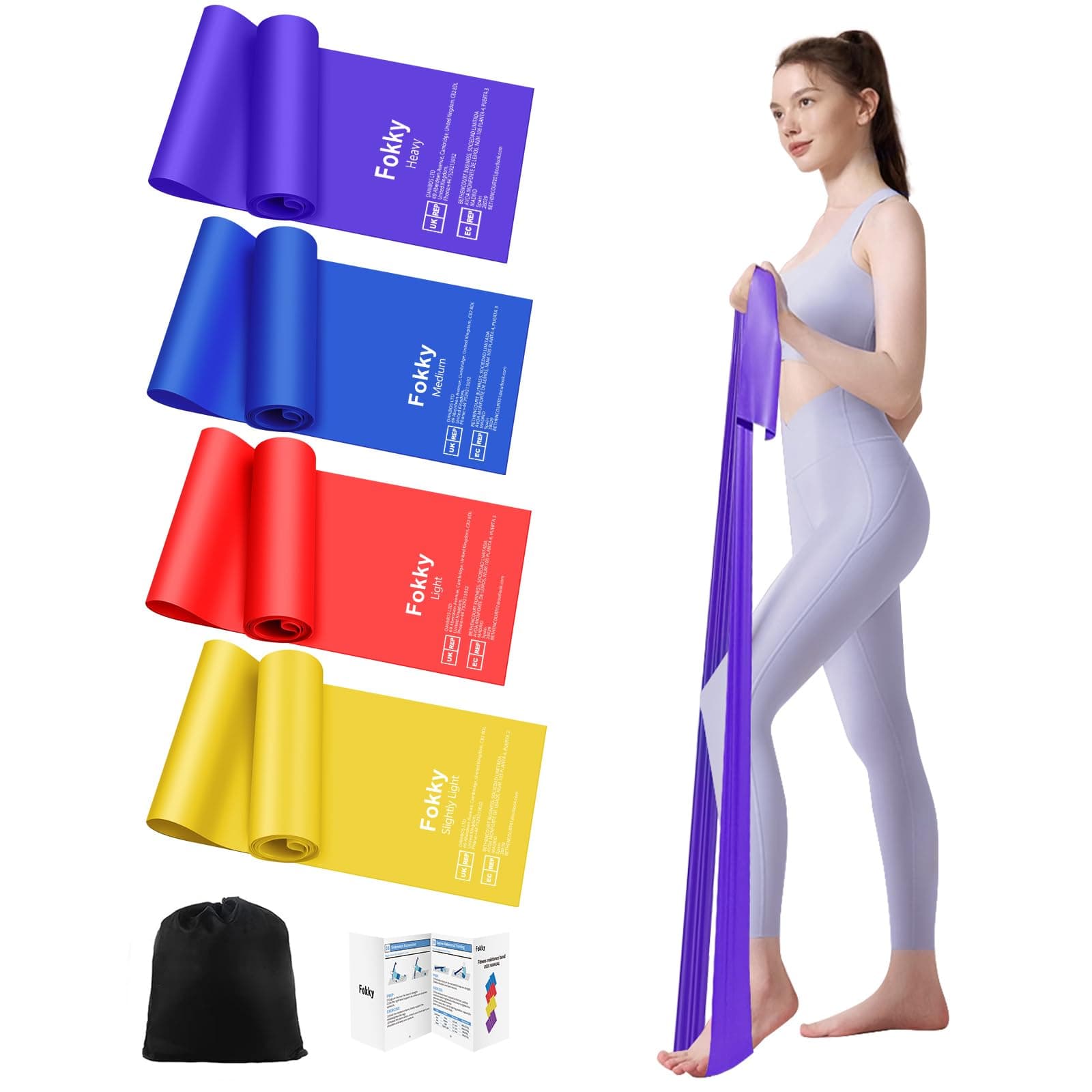 Fokky Elastici Fitness [Set di 4], 1.8M Elastico Fitness con 4 Livelli di Resistenza, Elastici Palestra con Borsa per il Trasporto, Bande Elastiche Fitness per Pilates Yoga Fitness Crossfit