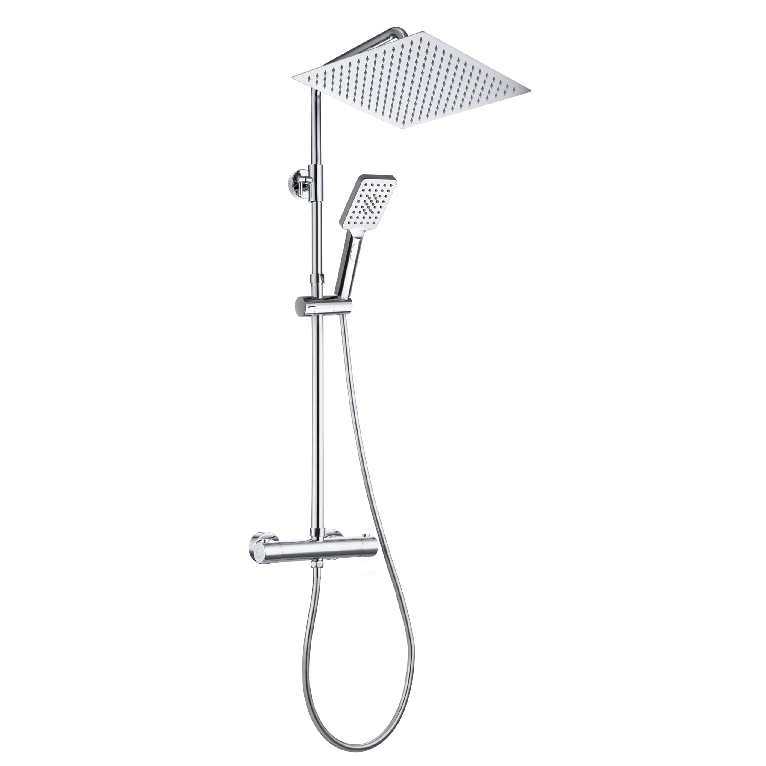 Görbach Colonna Doccia con Rubinetto Termostato Fori Muro Regolabili, Cromo Asta Doccia Acciaio Inox Set Doccia a Pioggia con Miscelatore Doccetta e Soffione Doccia 30 * 30 cm