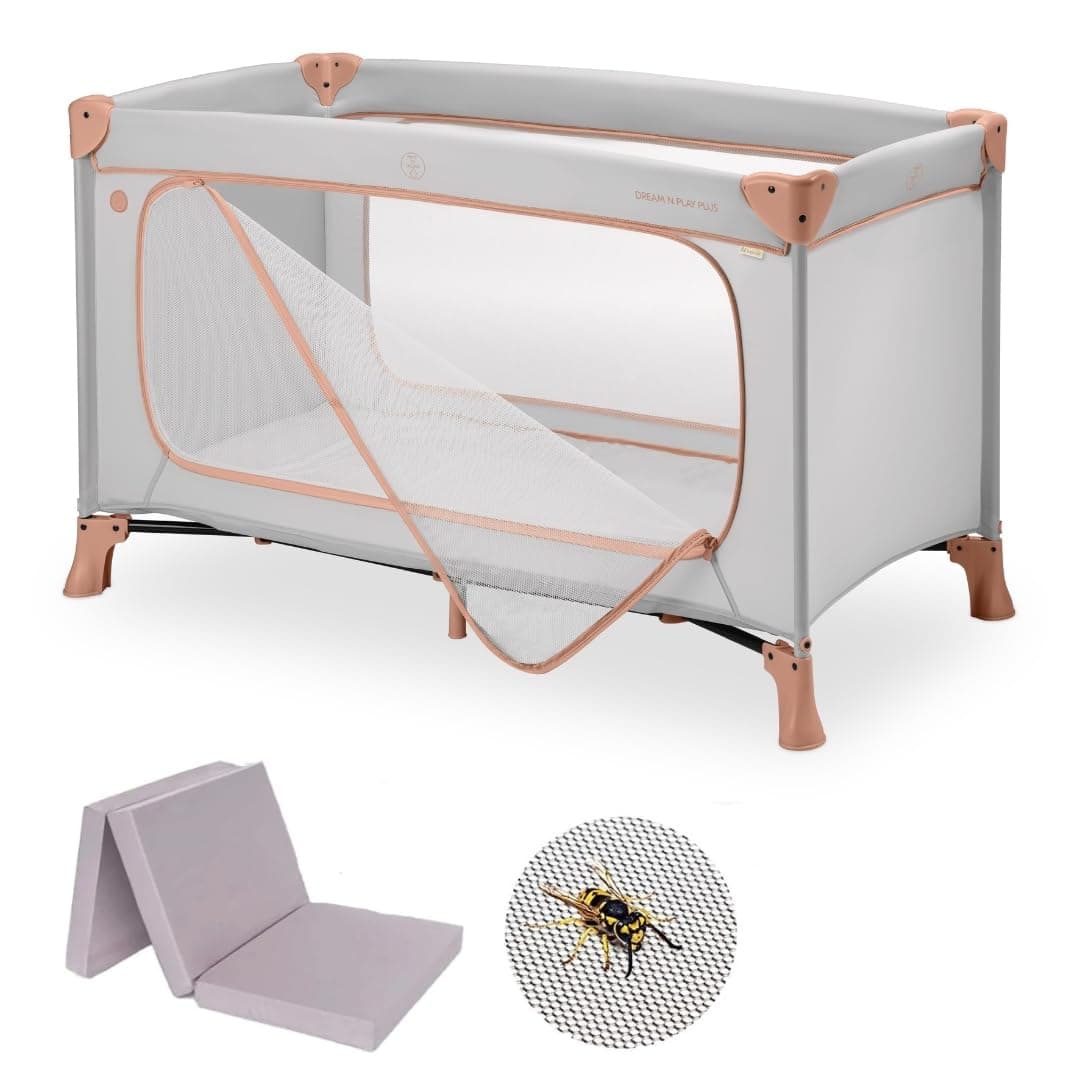 hauck - Lot Lit Parapluie Bebe avec Matelas Dream N Play Plus 120x60 cm - avec Moustiquaire, Grande Ouverture Latérale et Sac de Transport - Dusty Cork
