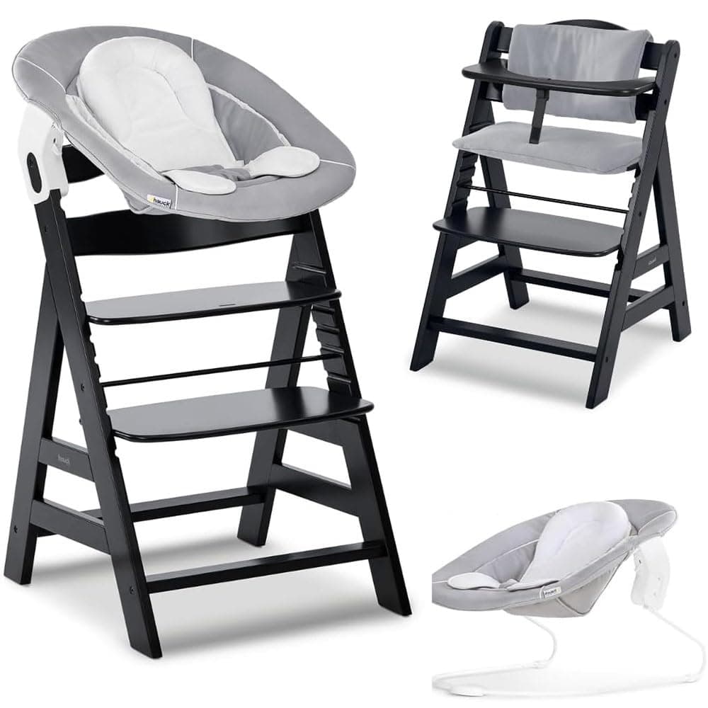 hauck Alpha Plus Trona Newborn Set con Bouncer 2in1 - Negro | Trona evolutiva y silla alta de madera para bebés desde nacimiento | incl. bouncer 2in1, cojín y arnés