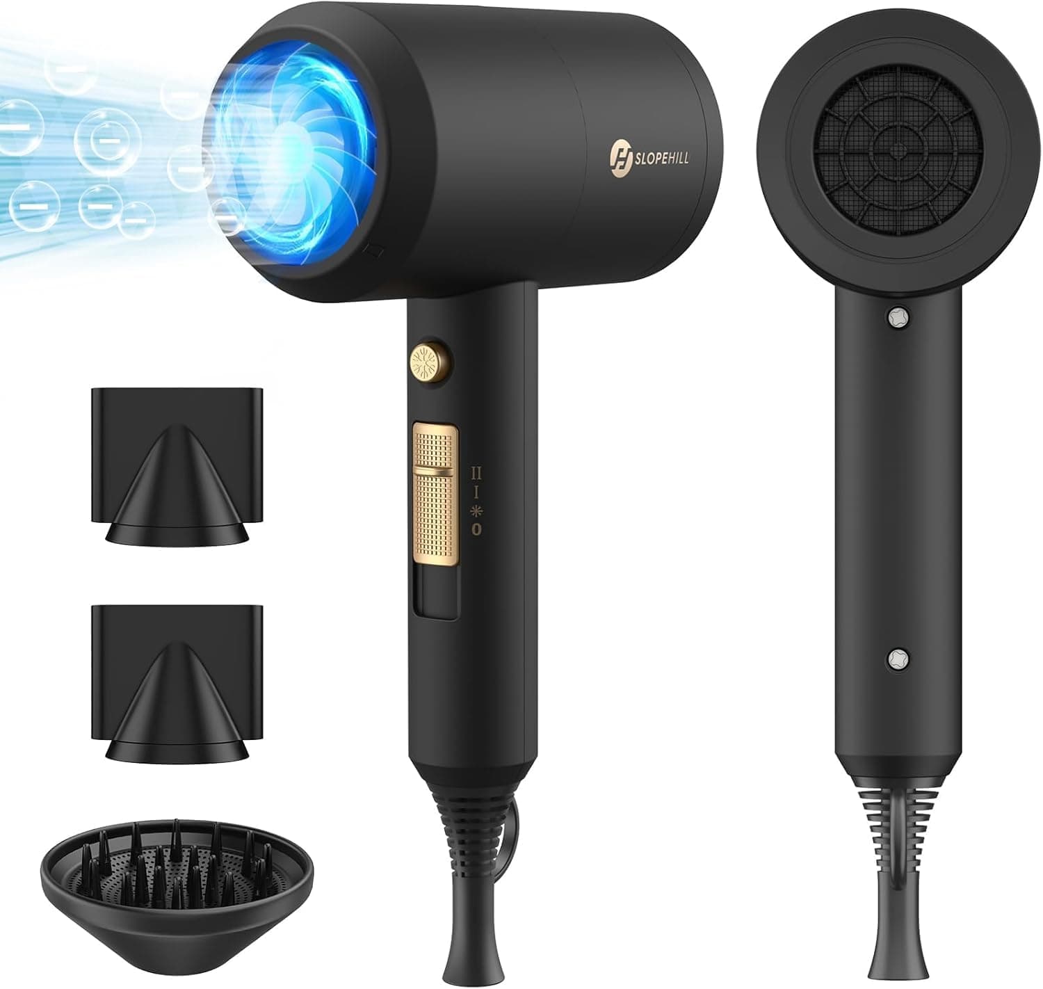 Slopehill Ionen Haartrockner, 1800W Föhn für Schnelles Trocknen, Salon Haarfön mit Heiß-/Kalttaste, 3 Fön Concentrators and Diffuser, 3 Temperatureinstellungen, 2-Gang（Graphit Schwarz）