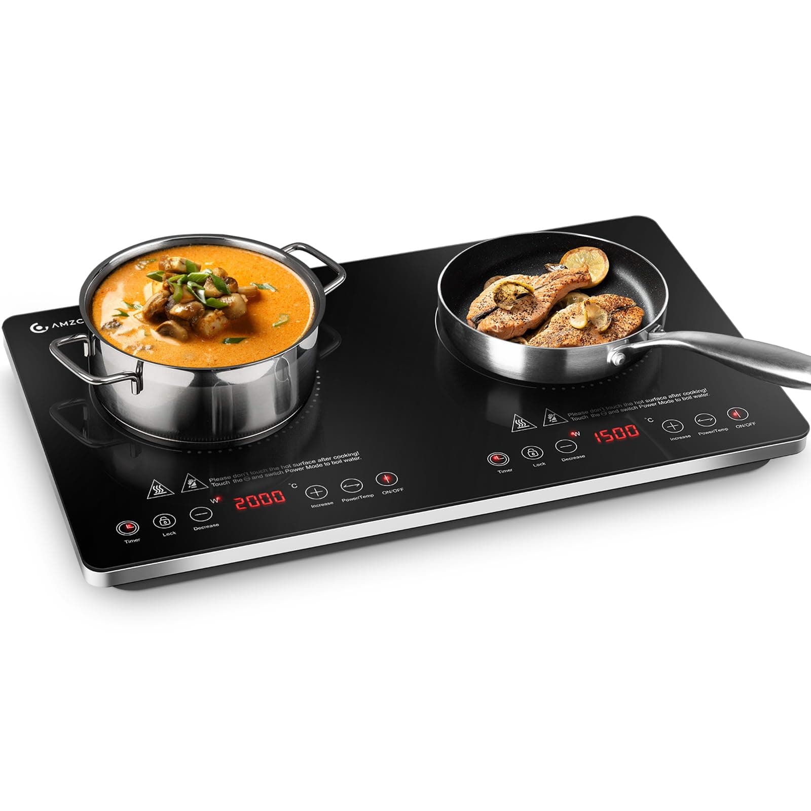 AMZCHEF Placa Inducción 2 Fuegos, Placa de Inducción Portatil 3500W con Controles Independientes, IGBT Mejorado, 20 Niveles de Temperatura, Múltiples Niveles de Potencia, Temporizador de 4 Horas