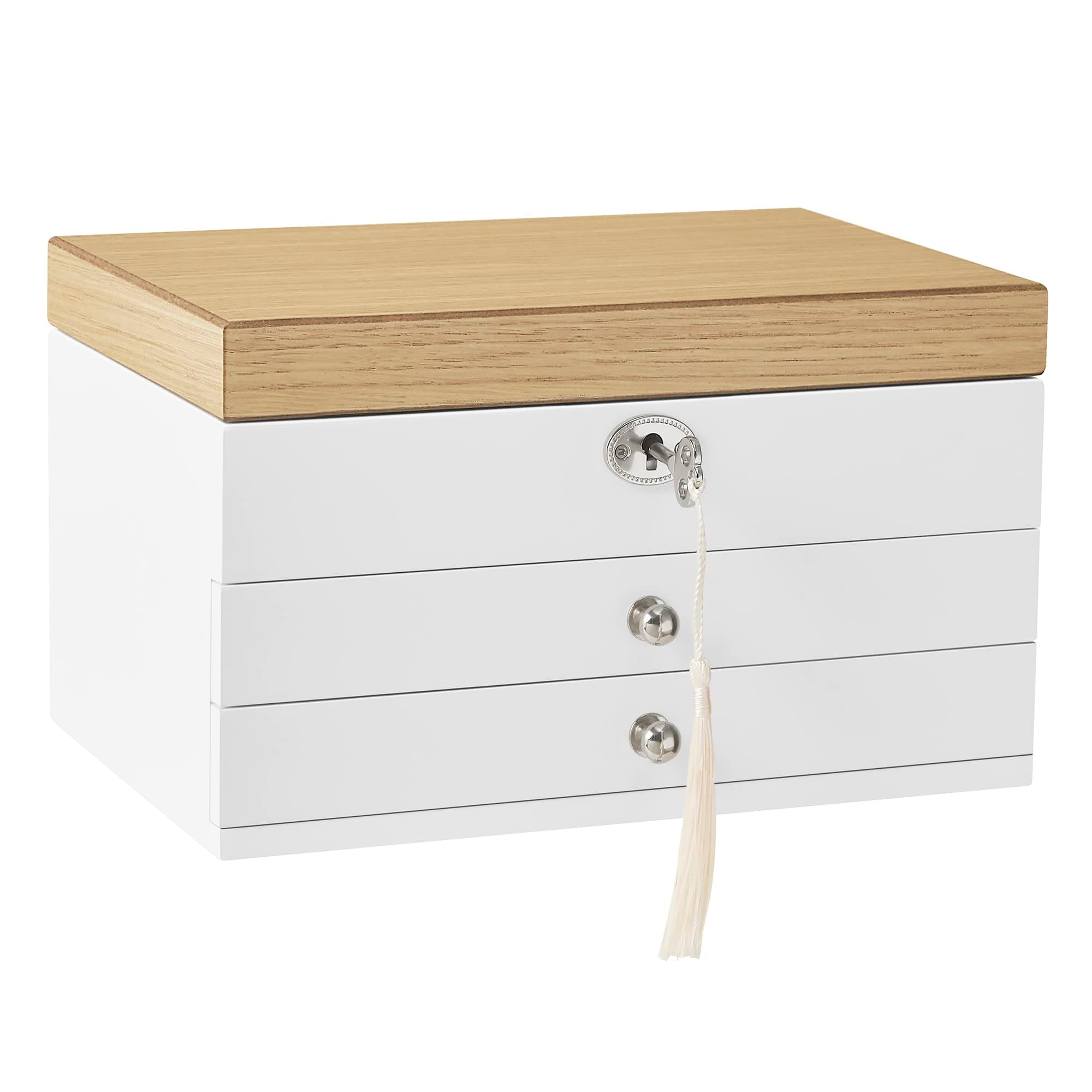 SONGMICS Schmuckkästchen 3 Ebenen, Schmuckkasten, Schmuckschatulle, großer Spiegel, 2 Schubladen, abschließbar, Geschenkidee, für Ringe, Ohrringe, Armbänder, Halsketten, weiß-holzfarben JOW15WN