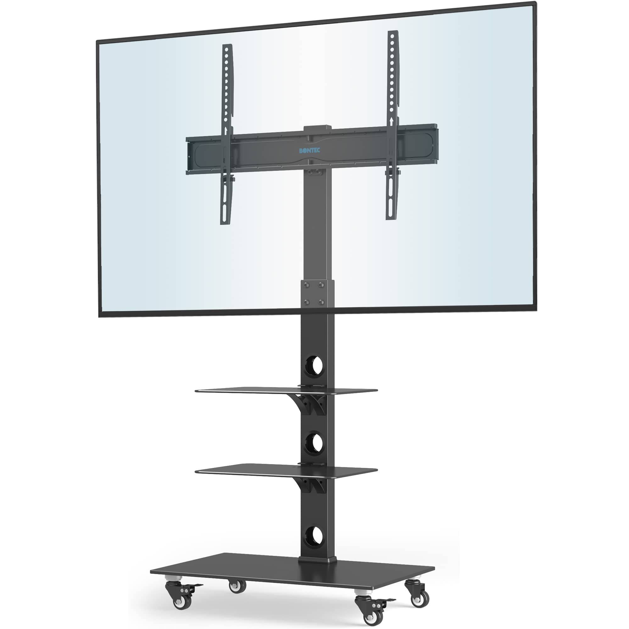 BONTEC Soporte TV Ruedas para Pantallas de Plasma/LCD/LED de 30-70 Pulgadas hasta 40 kg, Soporte TV Suelo con 6 Ajustes de Altura Ajustable de Vidrio Templado de 3 Niveles, MAX VESA 600x400 mm