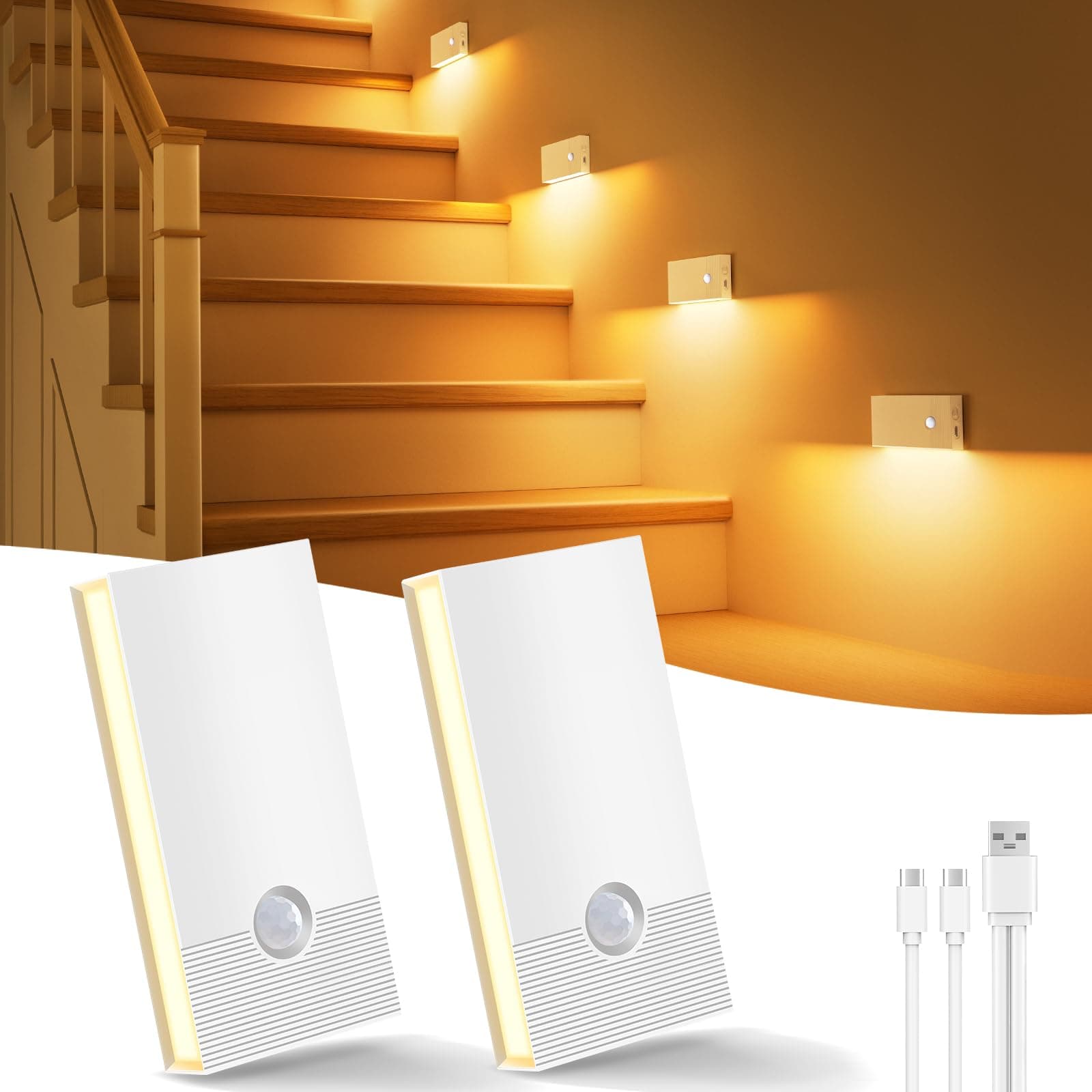 Luz nocturna con sensor de movimiento, paquete de 2 luces LED nocturnas recargables por USB-C, 3 modos,luz blanca cálida para interiores para escaleras pasillos habitación infantil dormitorio cocina
