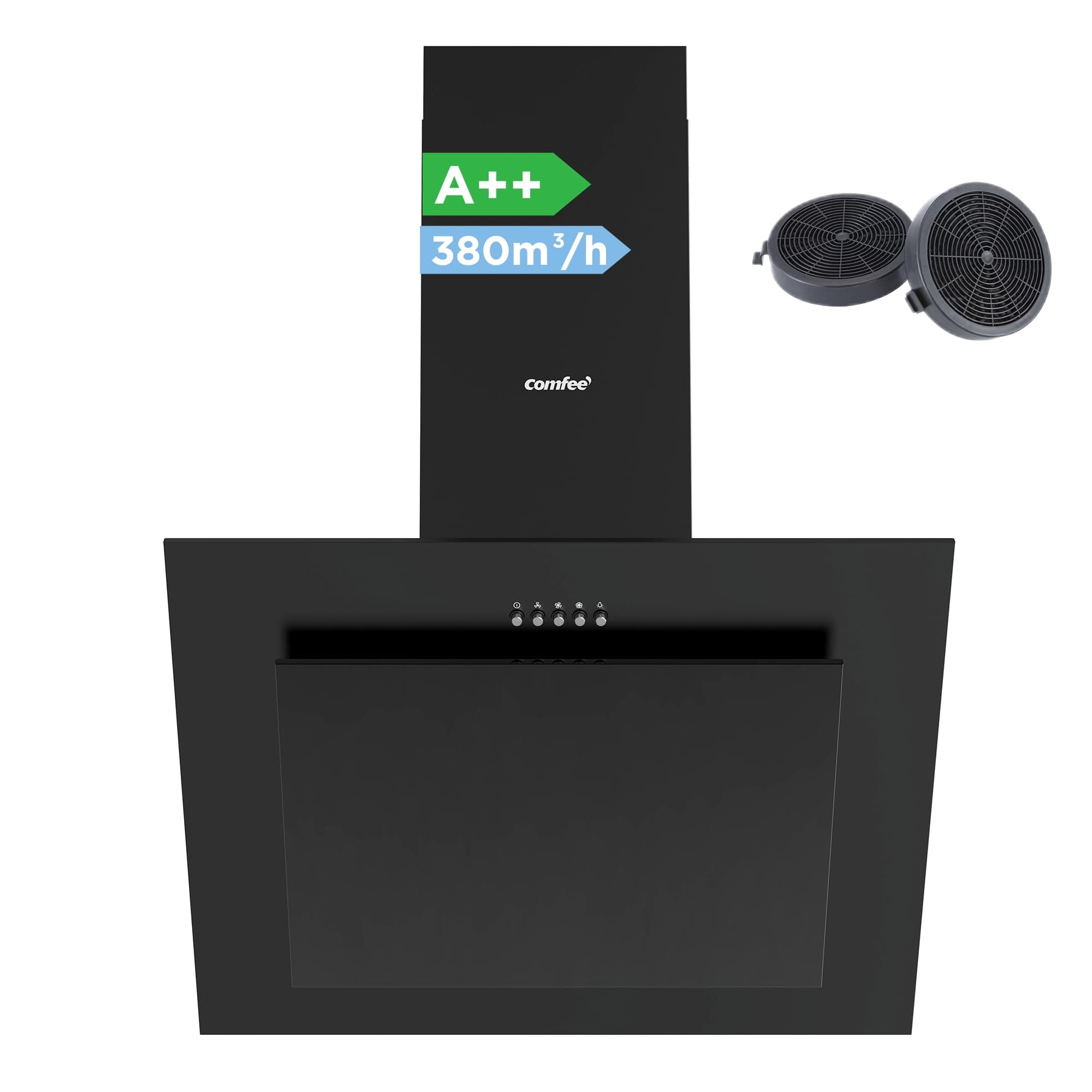 COMFEE' CH60J78EM4A2B Dunstabzugshaube 60cm A++, Kopffreihaube 60 cm Umluft und Abluft, 380m³/h Luftstrom, LED, Abzugshaube mit Aktivkohlefilter, Schwarz