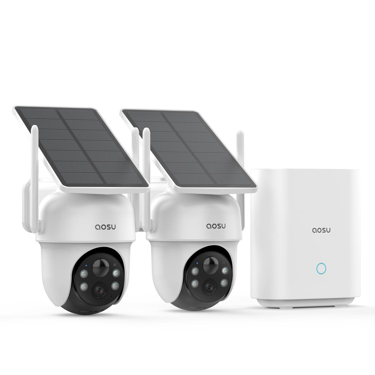 AOSU 2K Camera Surveillance WiFi Exterieure Sans Fil Solaire, Kit 2 Caméras avec aosuBase, Stockage Local Sans Abonnement, 360° PTZ Suivi Automatique Vision Nocturne en Couleur Alarme, 5G/2.4GHz Wi-Fi