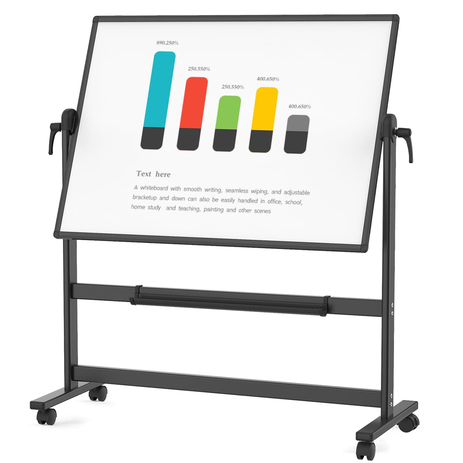 VIZ-PRO Pizarra blanca móvil magnética de doble cara 120x90 cm, con ruedas y marco de aluminio negro, para oficina y aula