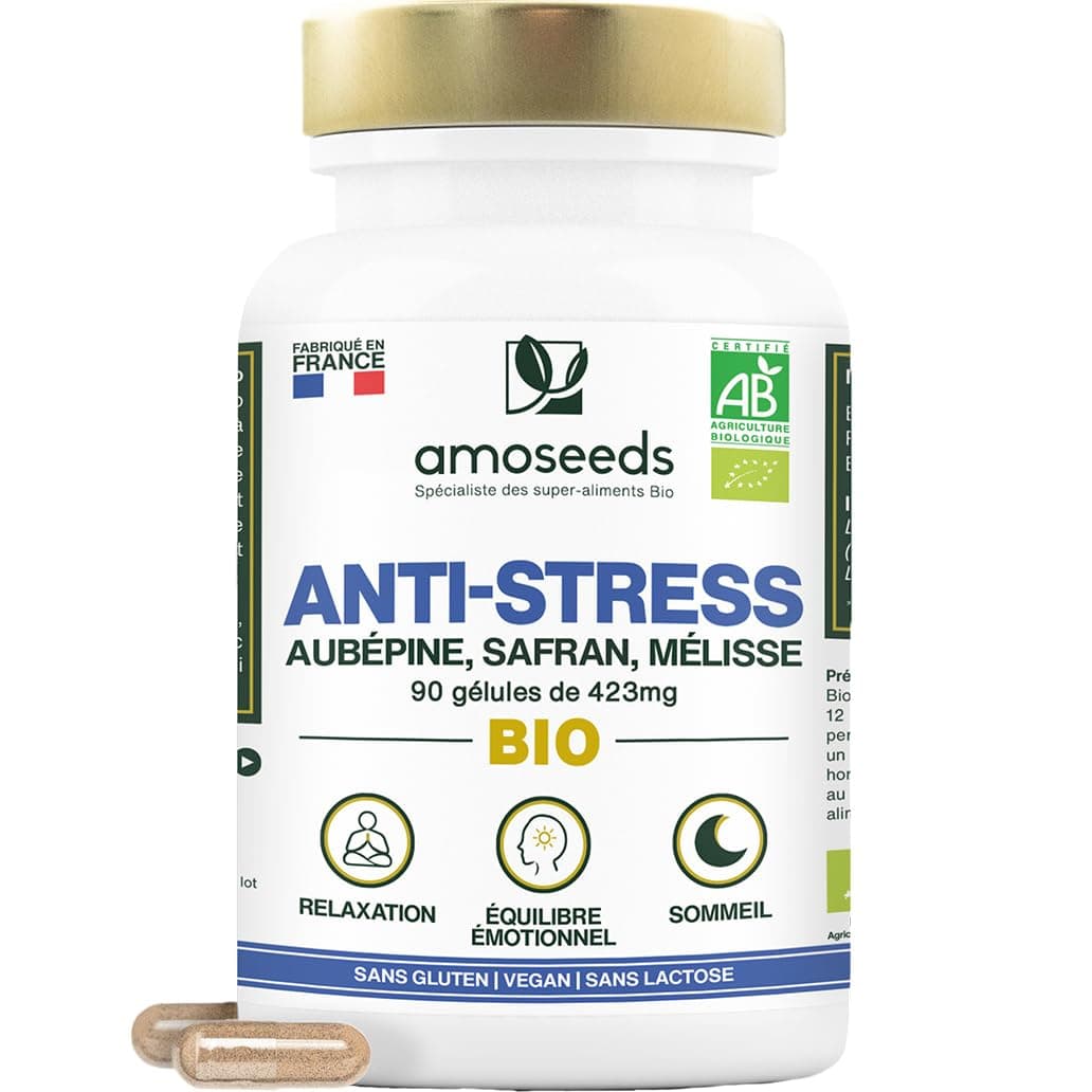 Anti-stress BIO | Aubépine, Safran, Mélisse | Équilibre Émotionnel, Relaxation, Réduit la Tension Nerveuse | 90 gélules de 423mg | Fabriqué en France | Qualité Supérieure